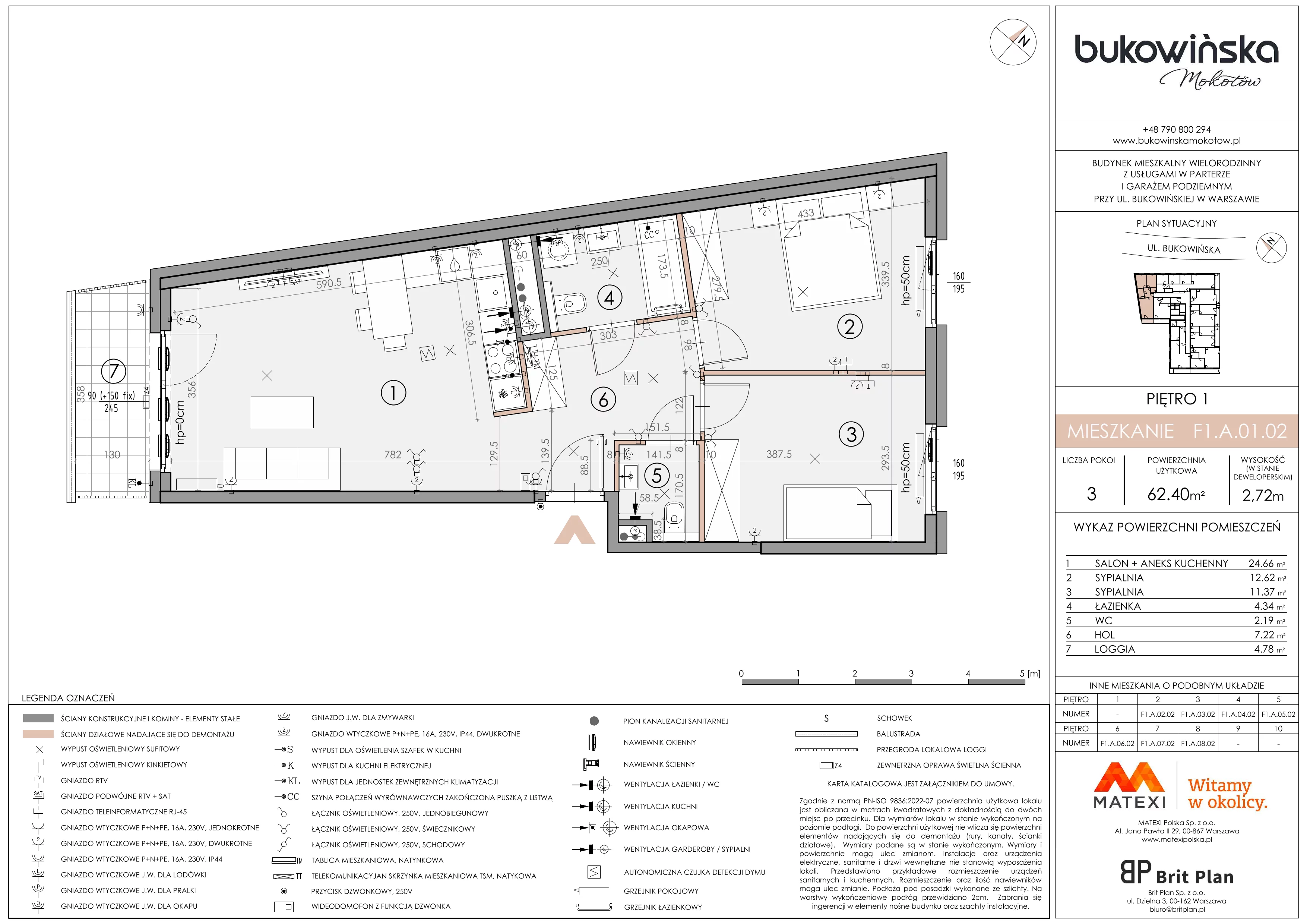 3 pokoje, mieszkanie 62,40 m², piętro 1, oferta nr 11/BM-F1.A.01.02, Bukowińska Mokotów, Warszawa, Mokotów, Ksawerów, ul. Bukowińska 11