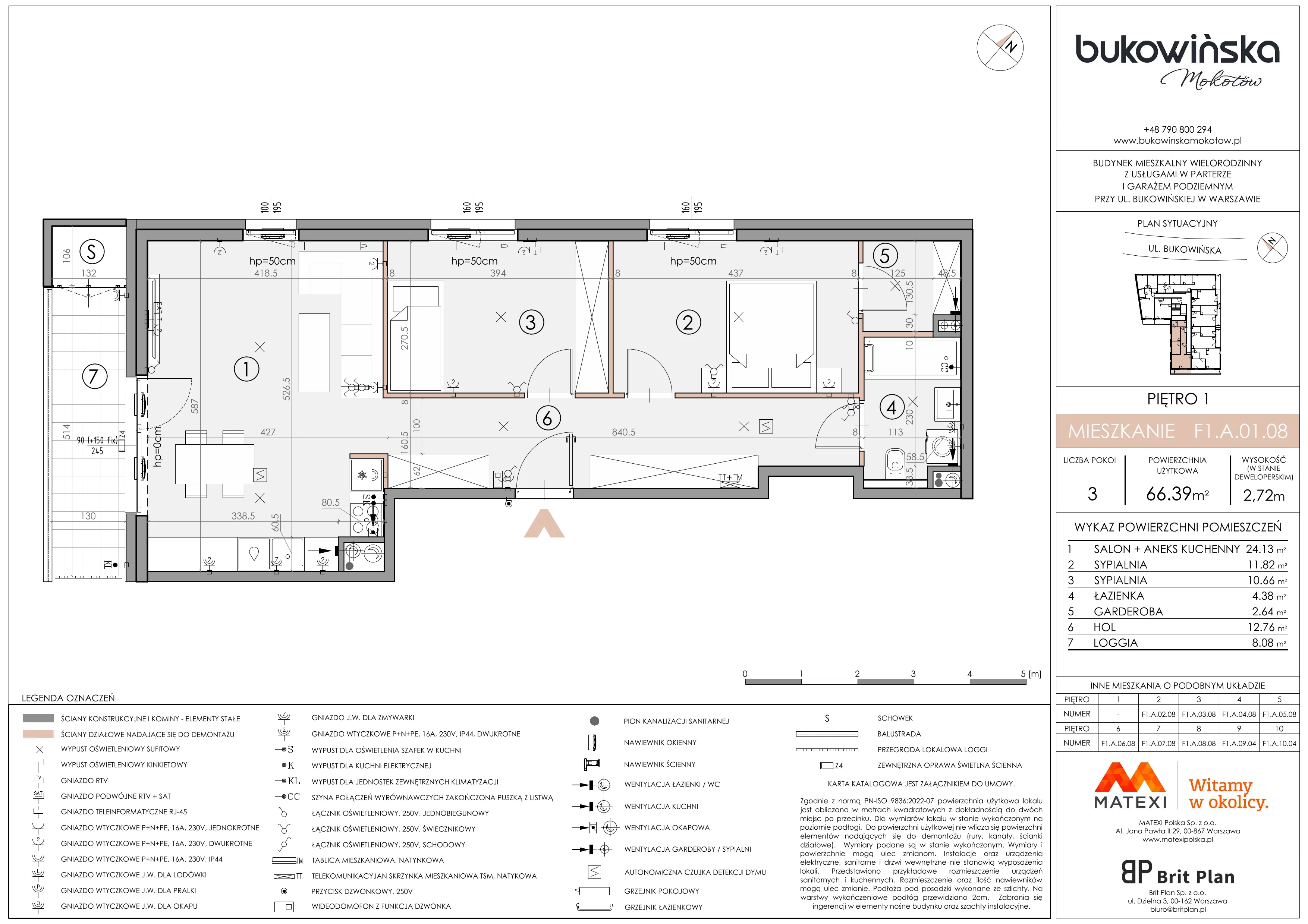 3 pokoje, mieszkanie 66,39 m², piętro 1, oferta nr 11/BM-F1.A.01.08, Bukowińska Mokotów, Warszawa, Mokotów, Ksawerów, ul. Bukowińska 11