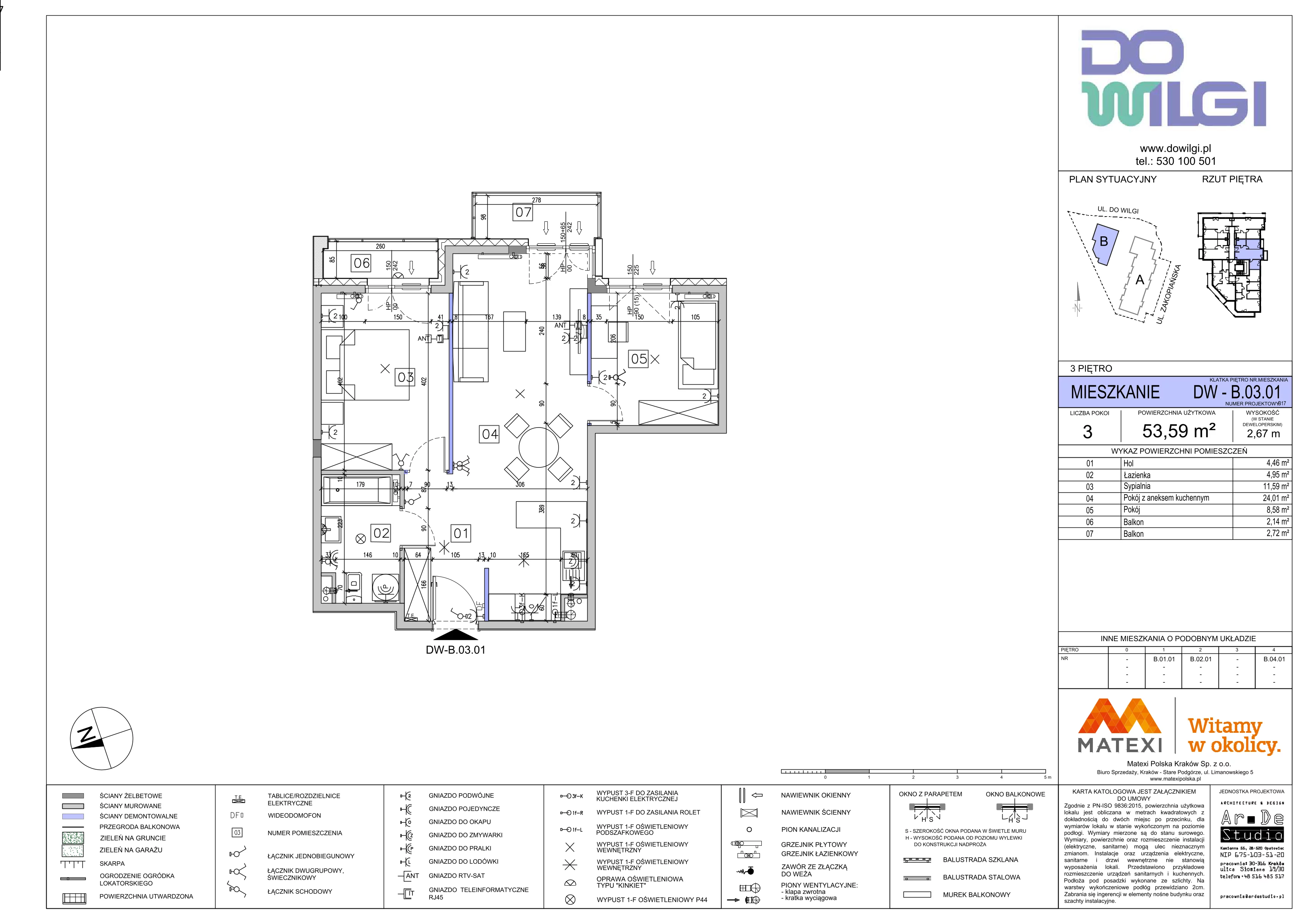3 pokoje, mieszkanie 53,59 m², piętro 3, oferta nr 2a/DW-B.03.01, Do Wilgi, Kraków, Łagiewniki-Borek Fałęcki, ul. Do Wilgi 2A