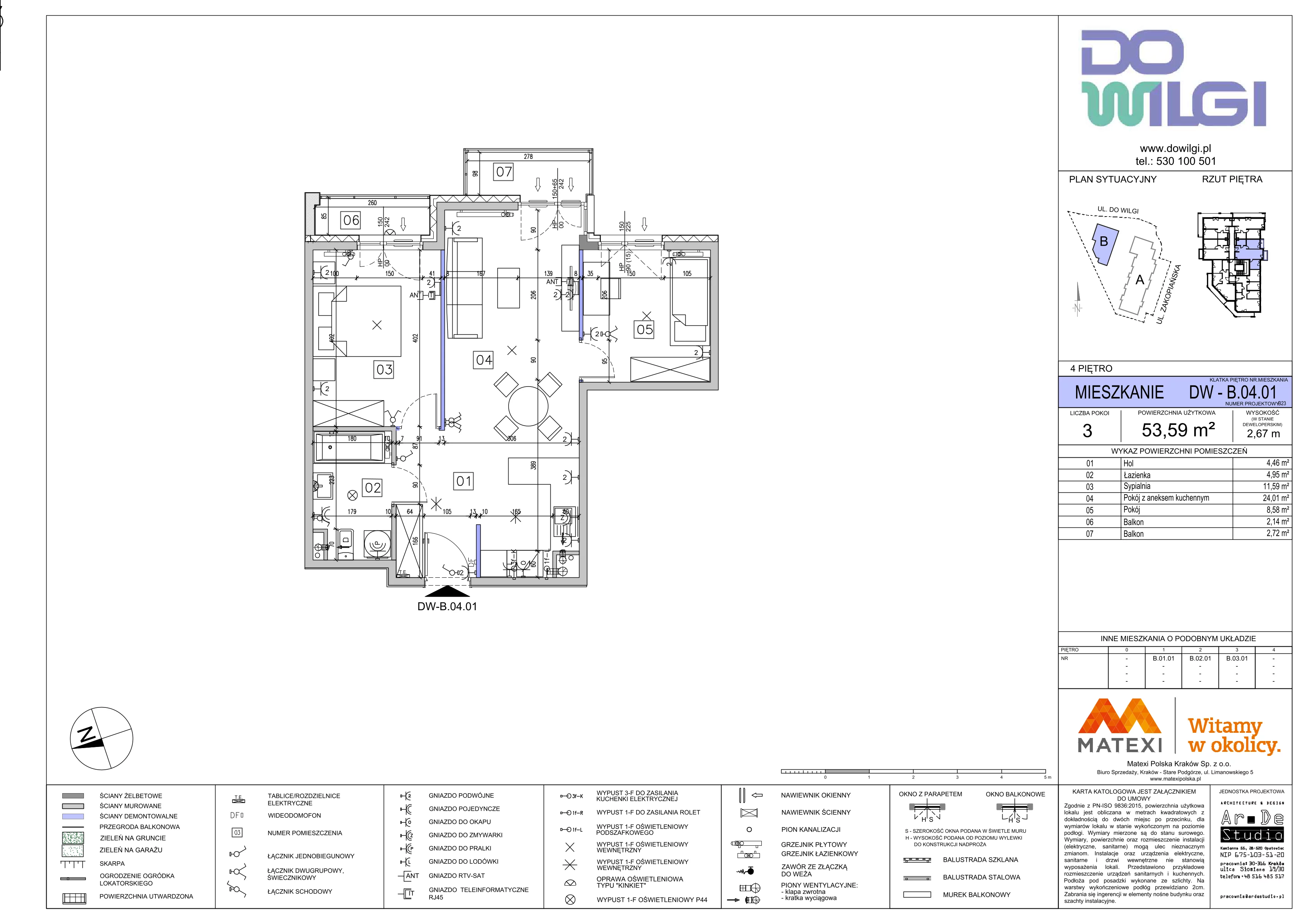3 pokoje, mieszkanie 53,59 m², piętro 4, oferta nr 2a/DW-B.04.01, Do Wilgi, Kraków, Łagiewniki-Borek Fałęcki, ul. Do Wilgi 2A