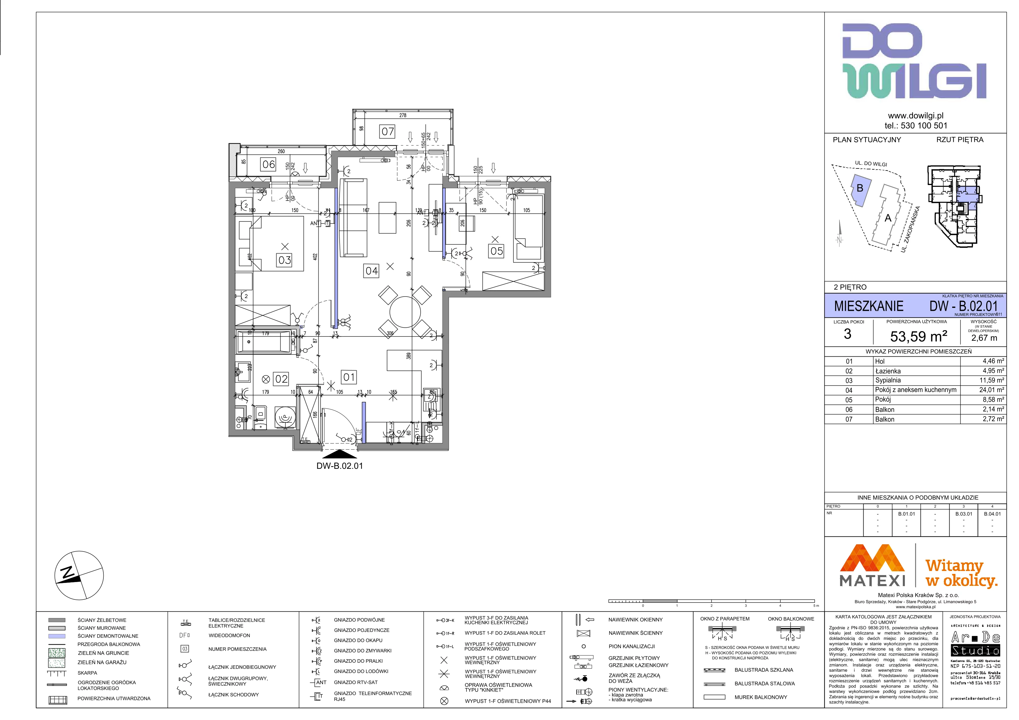 3 pokoje, mieszkanie 53,59 m², piętro 2, oferta nr 2a/DW-B.02.01, Do Wilgi, Kraków, Łagiewniki-Borek Fałęcki, ul. Do Wilgi 2A