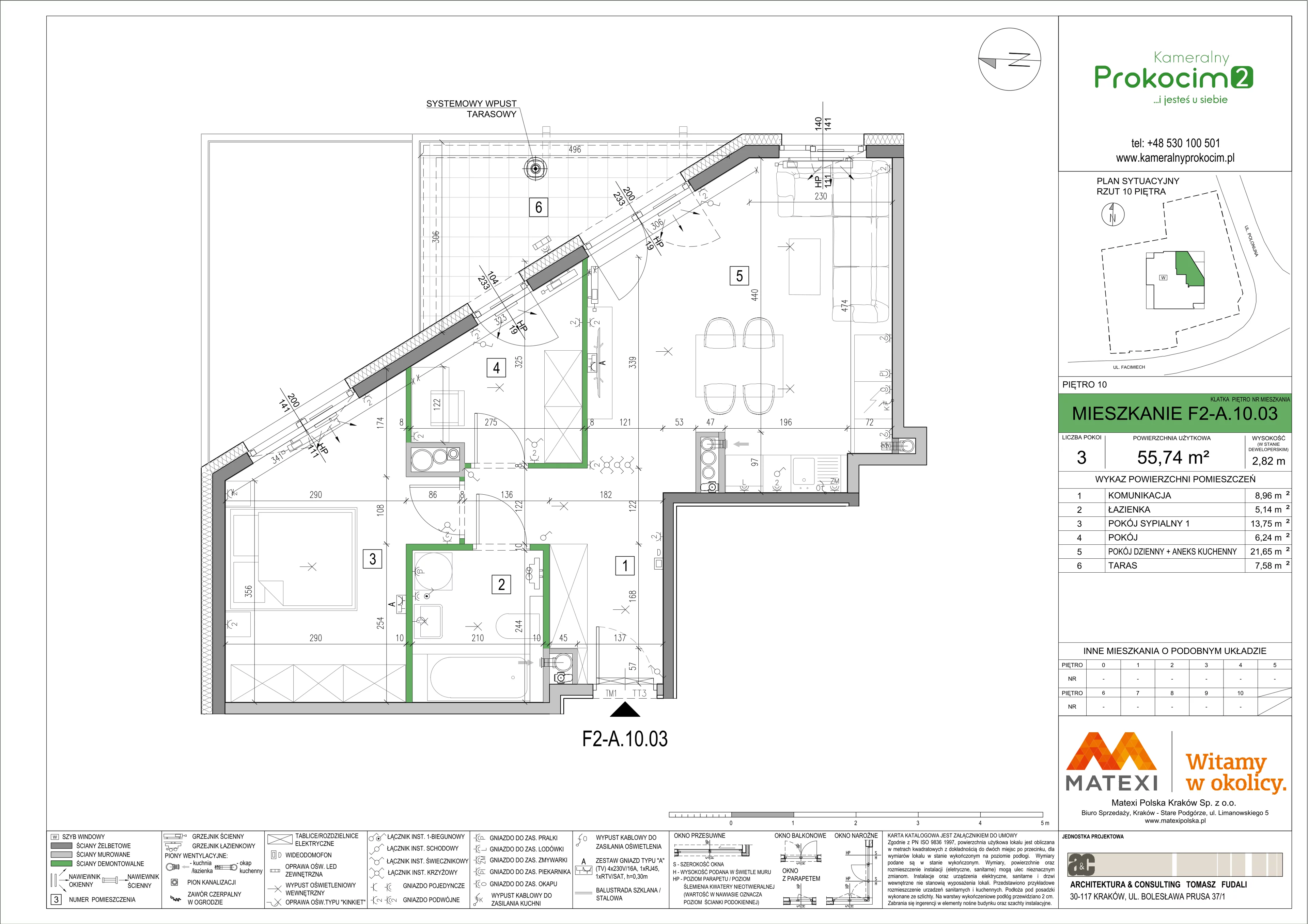 3 pokoje, mieszkanie 55,74 m², piętro 10, oferta nr 12/F2-A.10.03, Kameralny Prokocim 2, Kraków, Bieżanów-Prokocim, Prokocim, ul. Facimiech