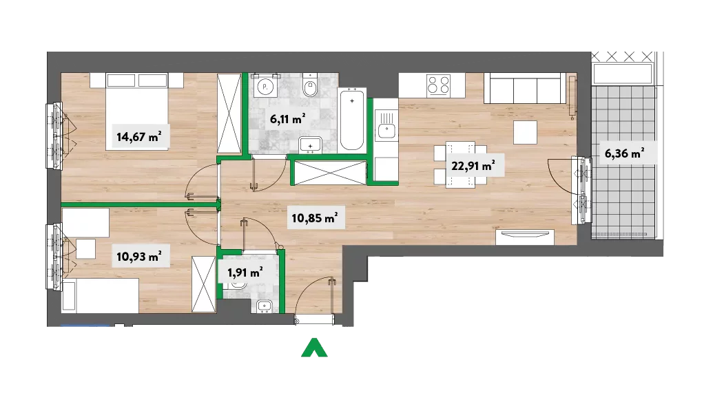 Mieszkanie 70,08 m², piętro 1, oferta nr H-F3.A.01.01, Na Bielany!, Warszawa, Bielany, Młociny, ul. Heroldów / Książąt Mazowieckich