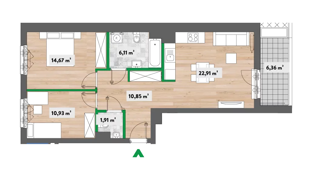 Mieszkanie 70,28 m², piętro 3, oferta nr H-F3.A.03.01, Na Bielany!, Warszawa, Bielany, Młociny, ul. Heroldów / Książąt Mazowieckich