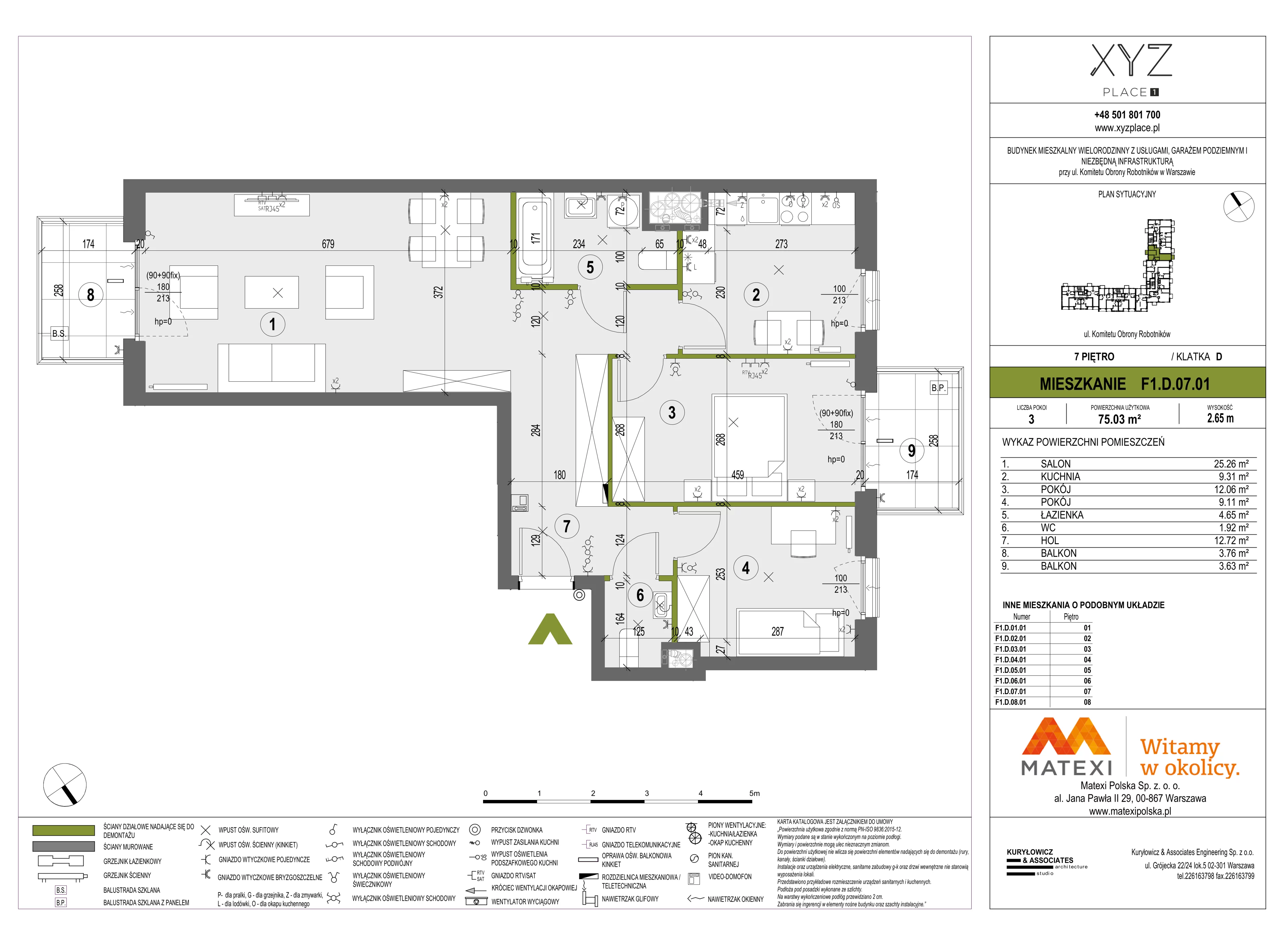 3 pokoje, mieszkanie 75,03 m², piętro 7, oferta nr 30/XY-F1.D.07.01, XYZ Place, Warszawa, Włochy, Okęcie, ul. Komitetu Obrony Robotników 32
