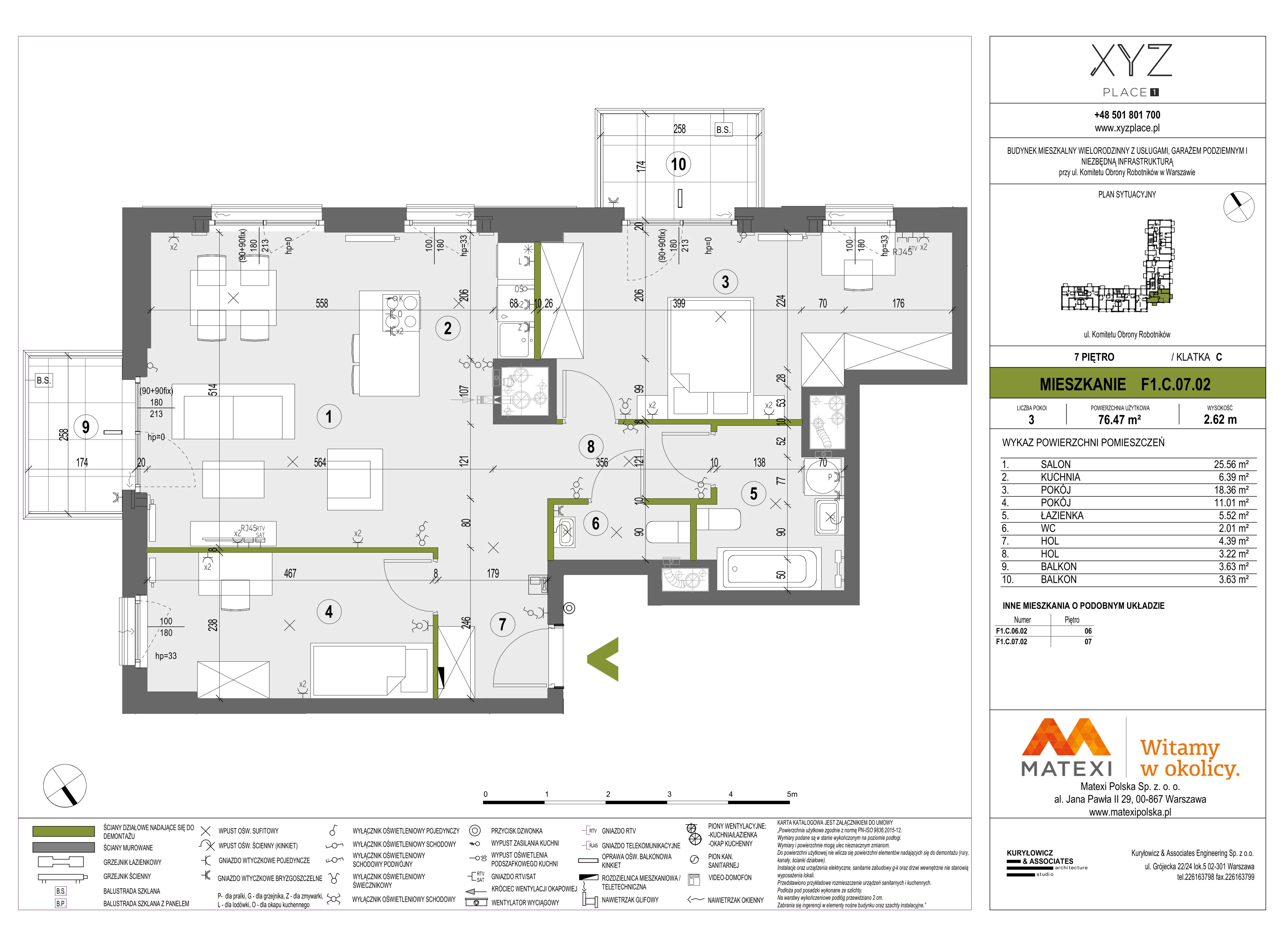 3 pokoje, mieszkanie 76,47 m², piętro 7, oferta nr 30/XY-F1.C.07.02, XYZ Place, Warszawa, Włochy, Okęcie, ul. Komitetu Obrony Robotników 32