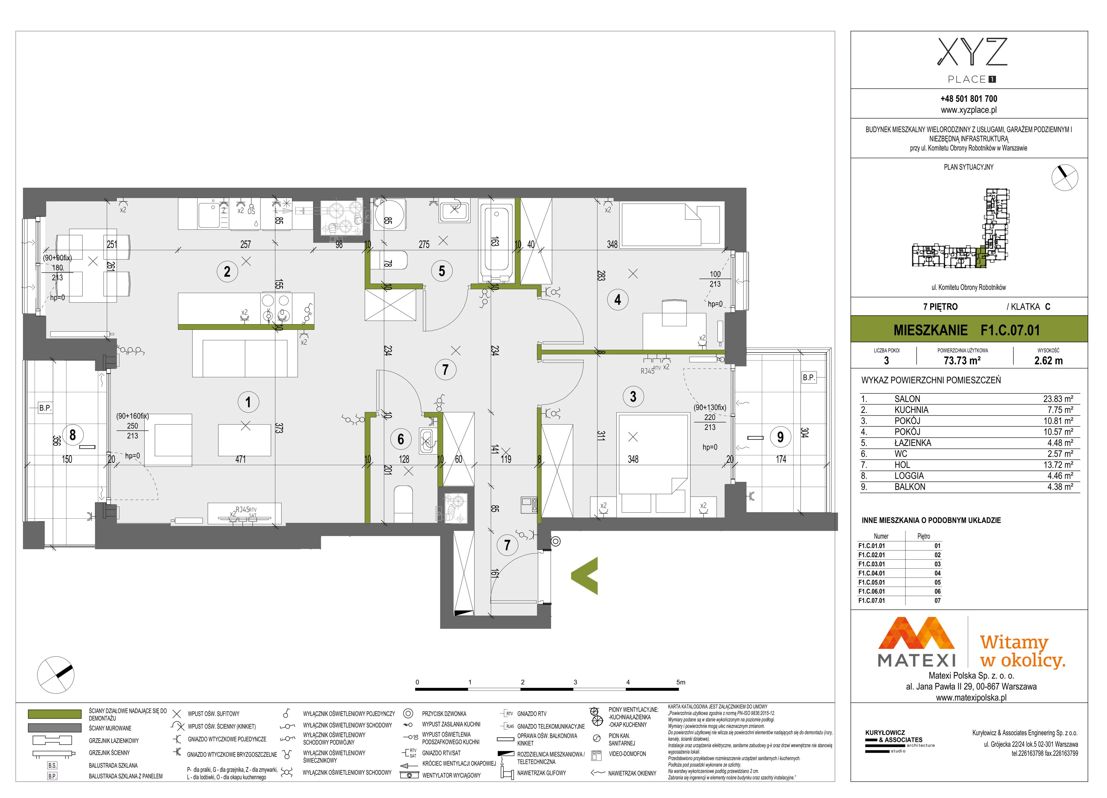 3 pokoje, mieszkanie 73,73 m², piętro 7, oferta nr 30/XY-F1.C.07.01, XYZ Place, Warszawa, Włochy, Okęcie, ul. Komitetu Obrony Robotników 32