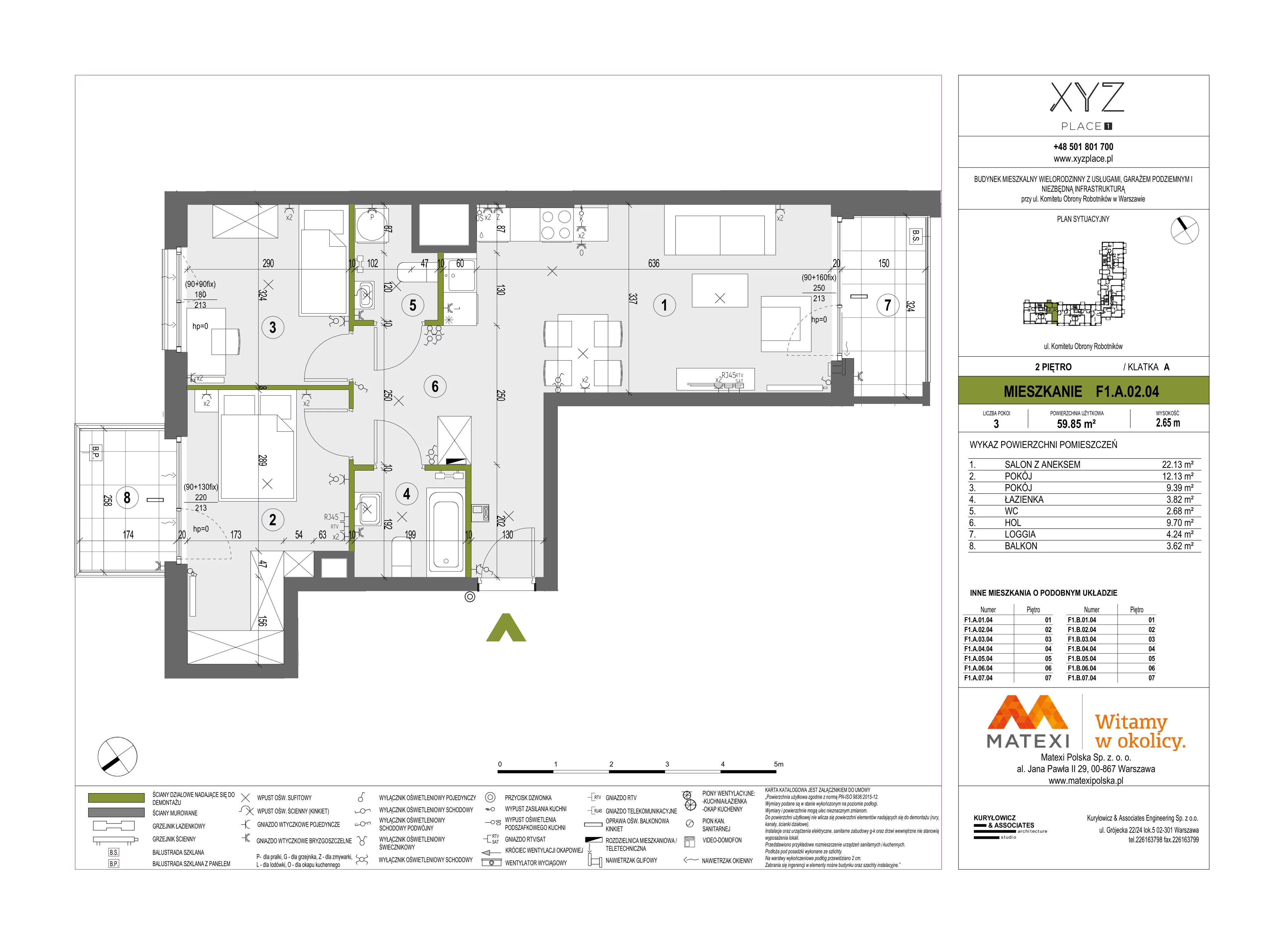 3 pokoje, mieszkanie 59,85 m², piętro 2, oferta nr 30/XY-F1.A.02.04, XYZ Place, Warszawa, Włochy, Okęcie, ul. Komitetu Obrony Robotników 32