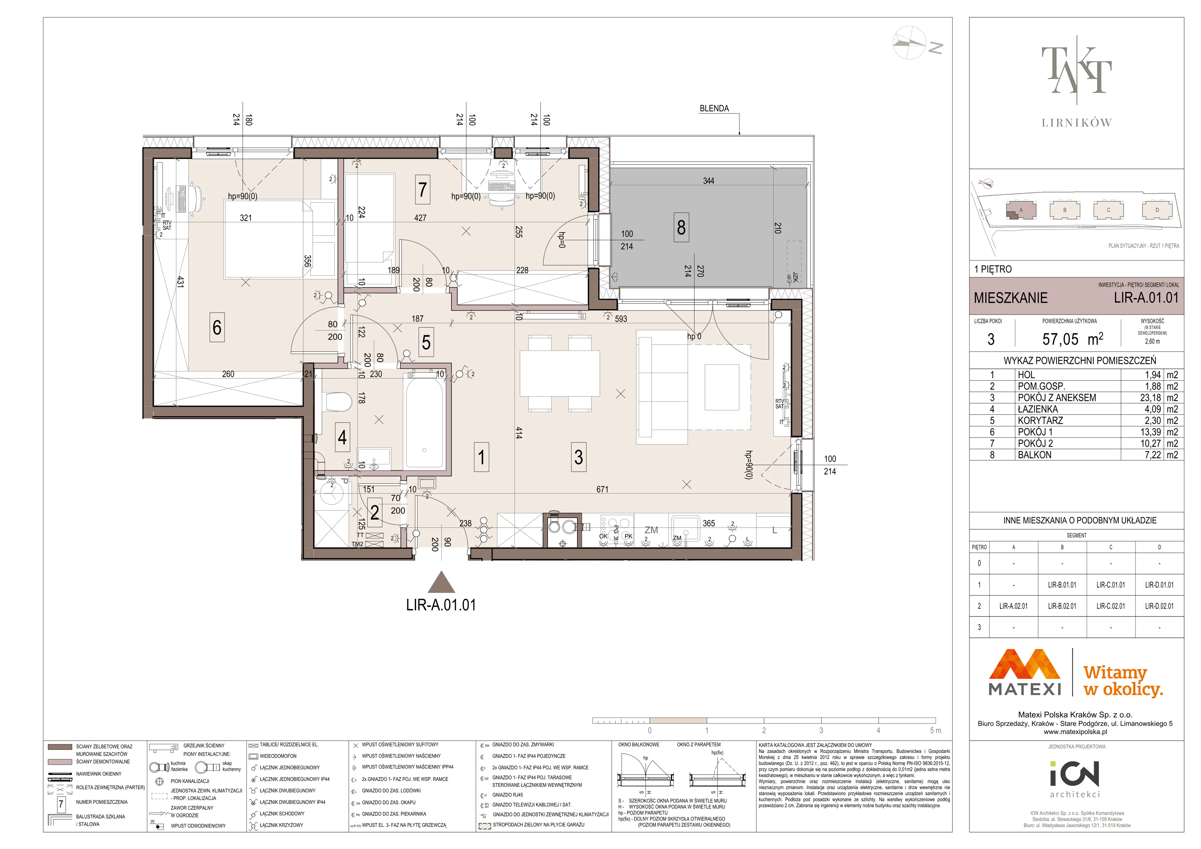 3 pokoje, mieszkanie 57,05 m², piętro 1, oferta nr 7/LIR-A.01.01, Takt Lirników, Kraków, Podgórze Duchackie, Wola Duchacka, ul. Lirników
