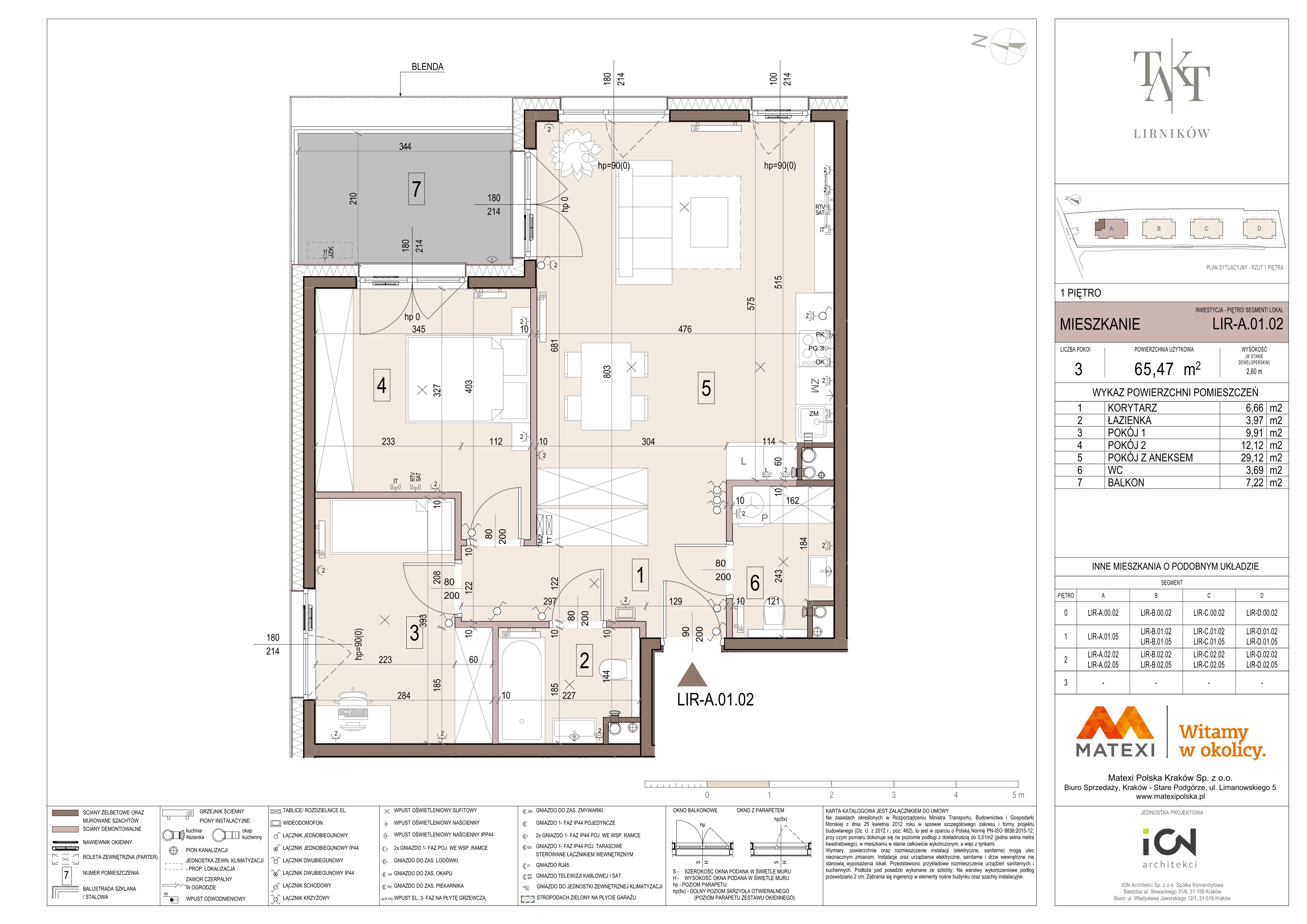 3 pokoje, mieszkanie 65,47 m², piętro 1, oferta nr 7/LIR-A.01.02, Takt Lirników, Kraków, Podgórze Duchackie, Wola Duchacka, ul. Lirników