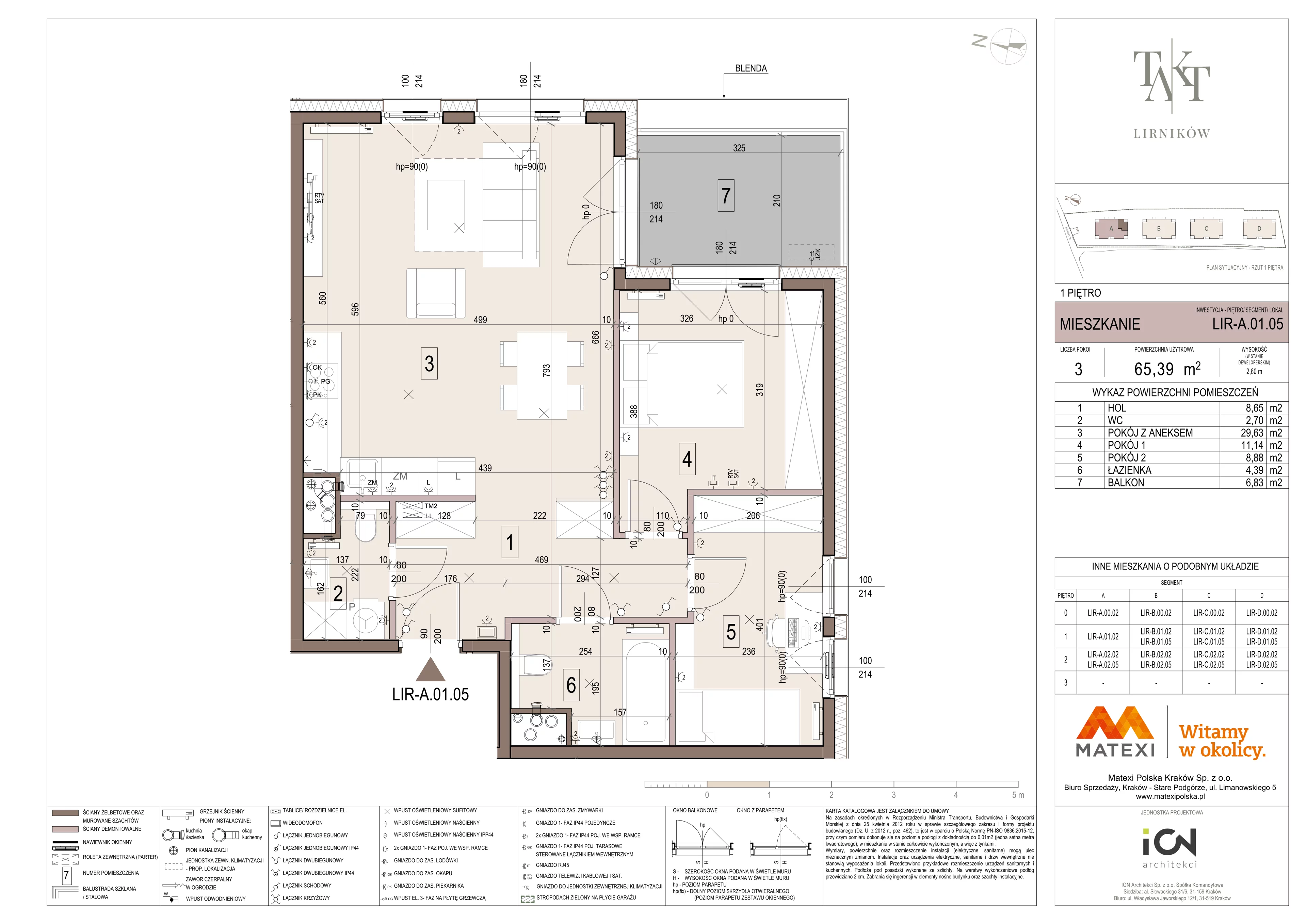 3 pokoje, mieszkanie 65,39 m², piętro 1, oferta nr 7/LIR-A.01.05, Takt Lirników, Kraków, Podgórze Duchackie, Wola Duchacka, ul. Lirników