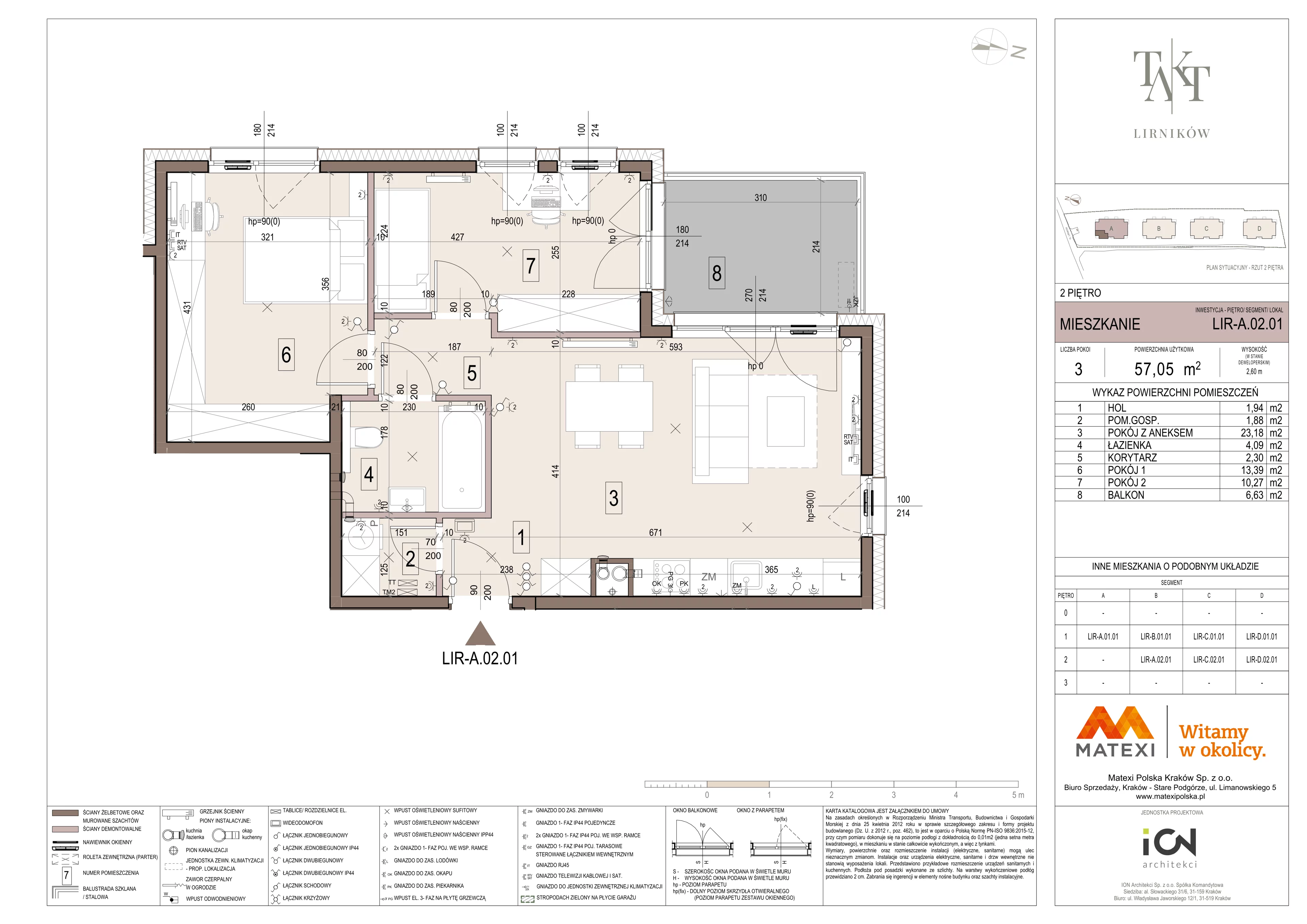 3 pokoje, mieszkanie 57,05 m², piętro 2, oferta nr 7/LIR-A.02.01, Takt Lirników, Kraków, Podgórze Duchackie, Wola Duchacka, ul. Lirników