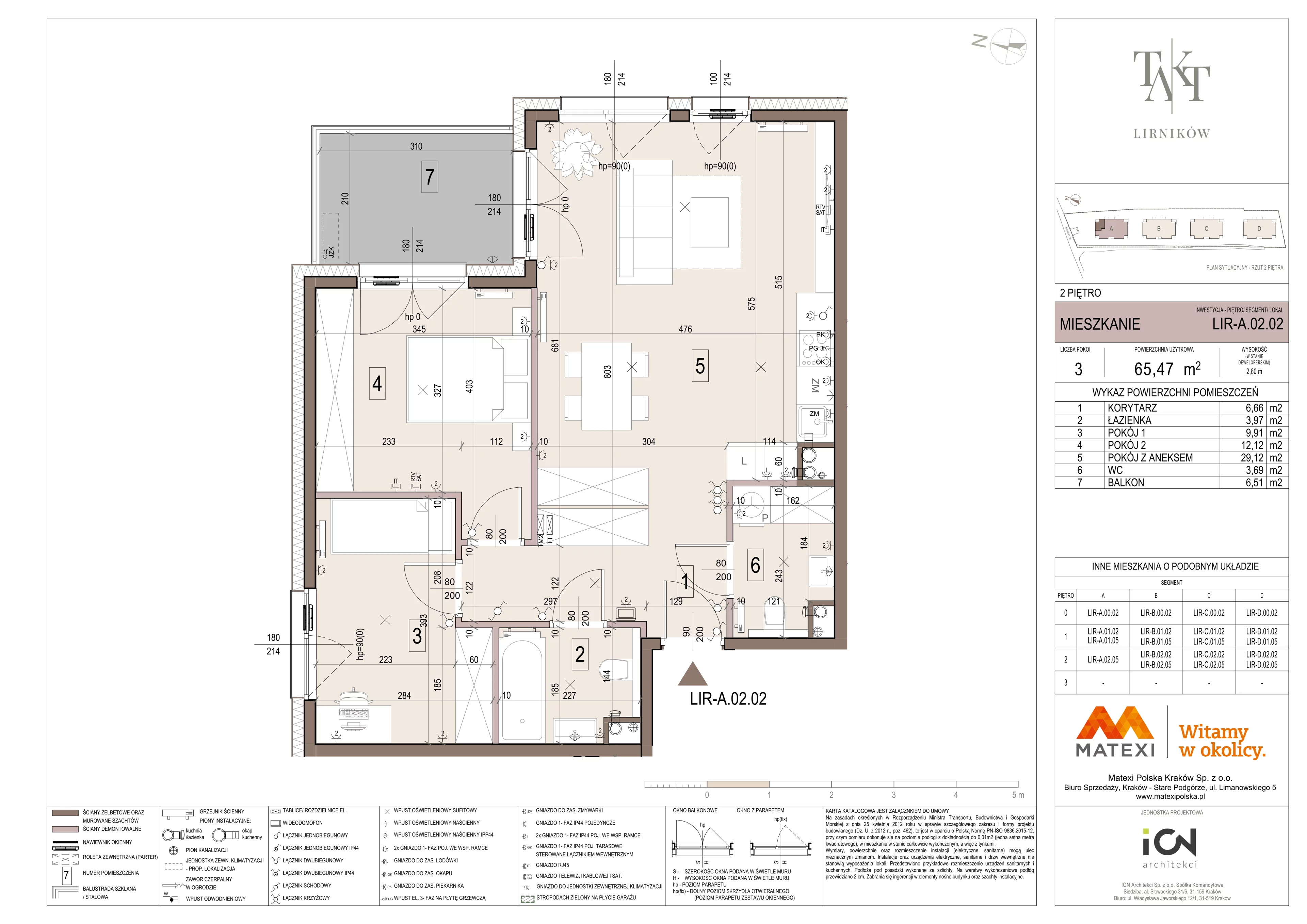 3 pokoje, mieszkanie 65,47 m², piętro 2, oferta nr 7/LIR-A.02.02, Takt Lirników, Kraków, Podgórze Duchackie, Wola Duchacka, ul. Lirników