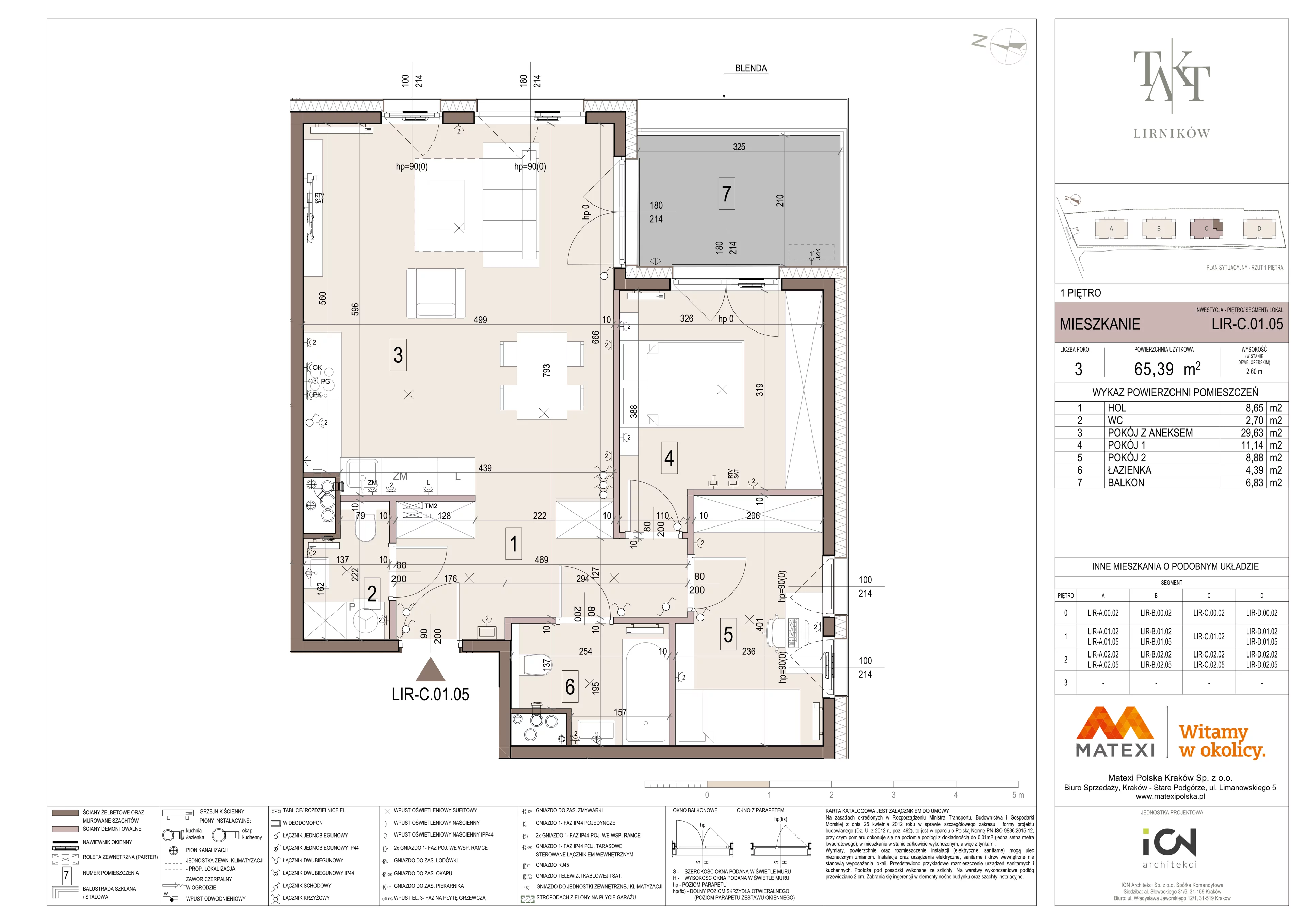 3 pokoje, mieszkanie 65,39 m², piętro 1, oferta nr 7/LIR-C.01.05, Takt Lirników, Kraków, Podgórze Duchackie, Wola Duchacka, ul. Lirników