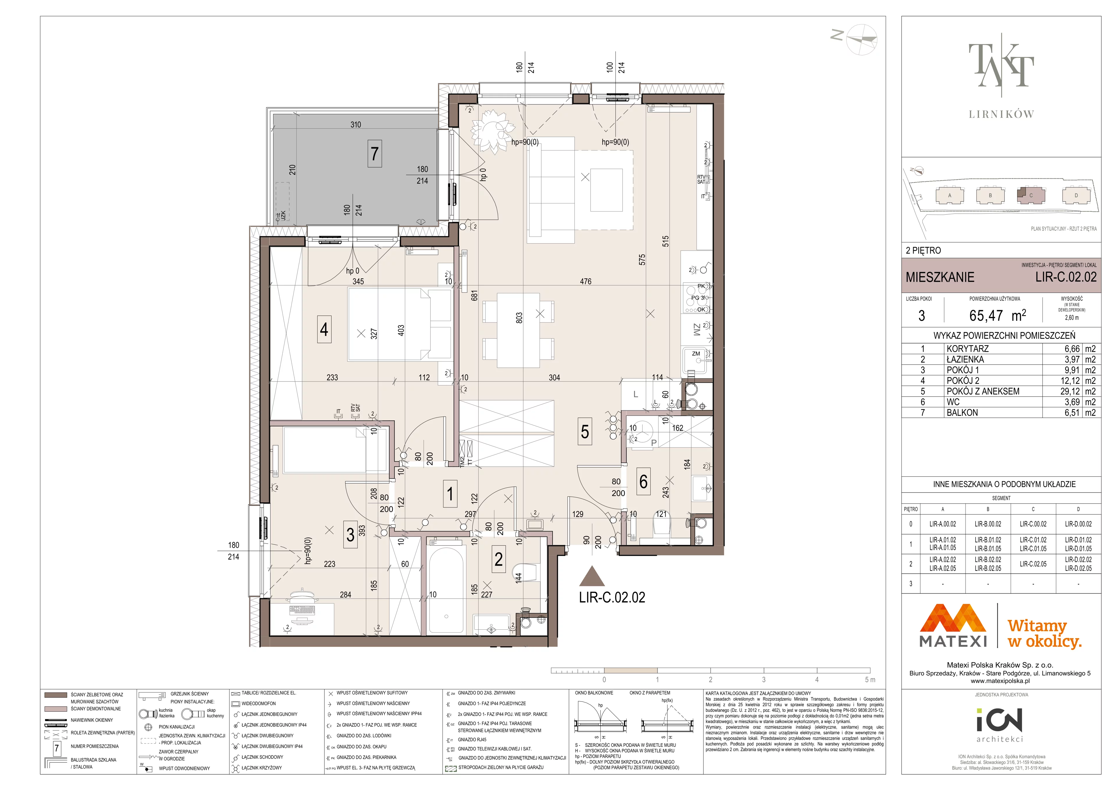 3 pokoje, mieszkanie 65,47 m², piętro 2, oferta nr 7/LIR-C.02.02, Takt Lirników, Kraków, Podgórze Duchackie, Wola Duchacka, ul. Lirników