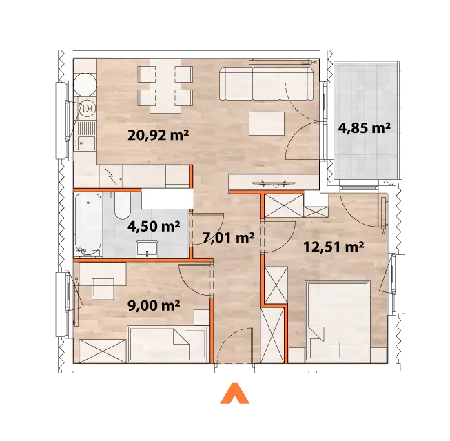 Mieszkanie 53,94 m², piętro 1, oferta nr 43/POR-A.01.07, Apartamenty Portowa, Kraków, Podgórze, Zabłocie, ul. Portowa 43