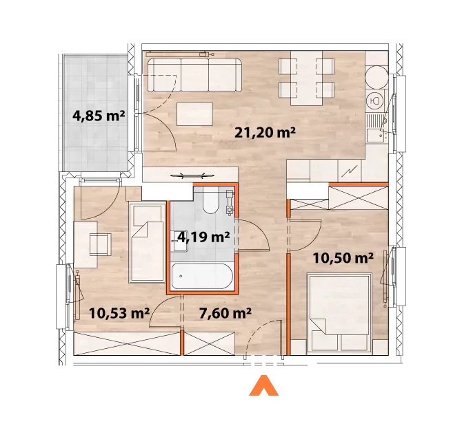 Mieszkanie 54,02 m², piętro 4, oferta nr 43/POR-A.04.07, Apartamenty Portowa, Kraków, Podgórze, Zabłocie, ul. Portowa 43