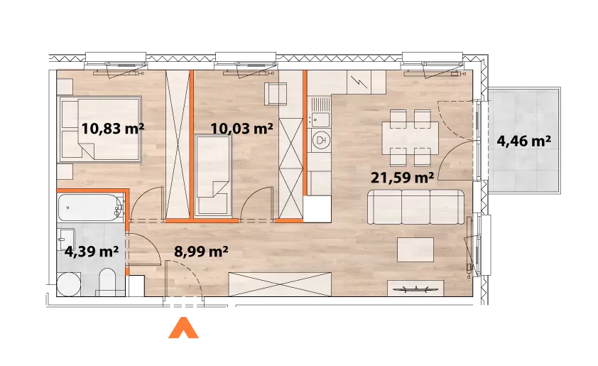 Mieszkanie 55,83 m², piętro 5, oferta nr 43/POR-A.05.05, Apartamenty Portowa, Kraków, Podgórze, Zabłocie, ul. Portowa 43