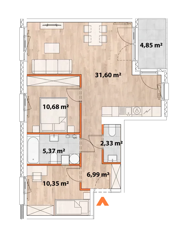 Mieszkanie 67,32 m², piętro 1, oferta nr 43/POR-B.01.04, Apartamenty Portowa, Kraków, Podgórze, Zabłocie, ul. Portowa 43