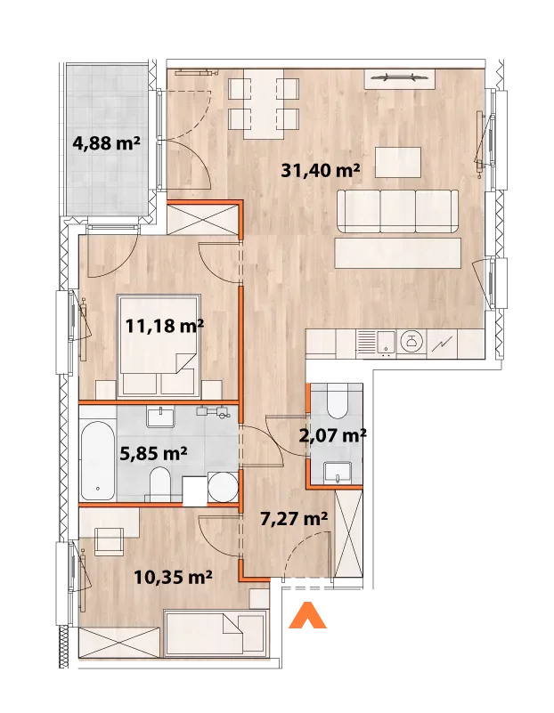 Mieszkanie 68,12 m², piętro 4, oferta nr 43/POR-B.04.04, Apartamenty Portowa, Kraków, Podgórze, Zabłocie, ul. Portowa 43