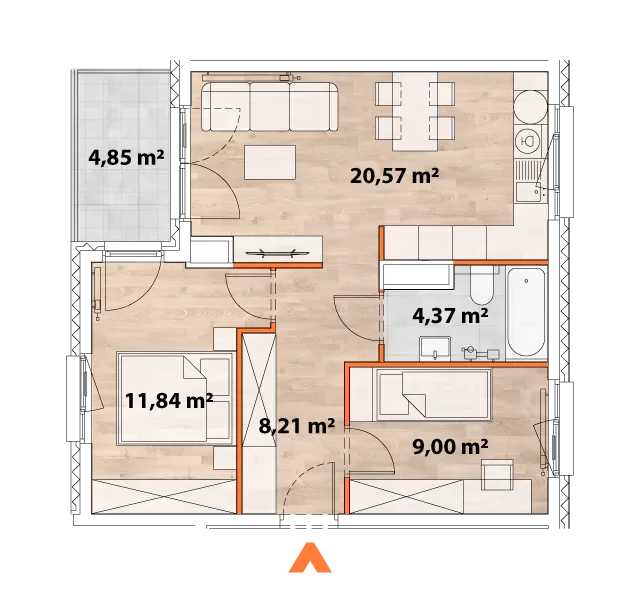 Mieszkanie 53,99 m², piętro 1, oferta nr 43/POR-C.01.01, Apartamenty Portowa, Kraków, Podgórze, Zabłocie, ul. Portowa 43