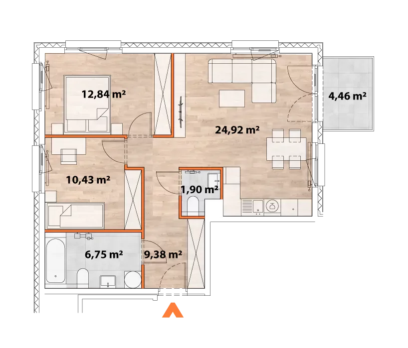 Mieszkanie 66,22 m², piętro 1, oferta nr 43/POR-C.01.03, Apartamenty Portowa, Kraków, Podgórze, Zabłocie, ul. Portowa 43