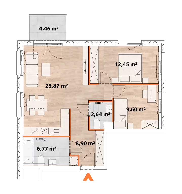 Mieszkanie 66,23 m², piętro 2, oferta nr 43/POR-C.02.03, Apartamenty Portowa, Kraków, Podgórze, Zabłocie, ul. Portowa 43