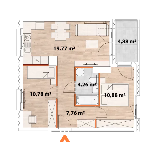 Mieszkanie 53,50 m², piętro 6, oferta nr 43/POR-C.06.01, Apartamenty Portowa, Kraków, Podgórze, Zabłocie, ul. Portowa 43