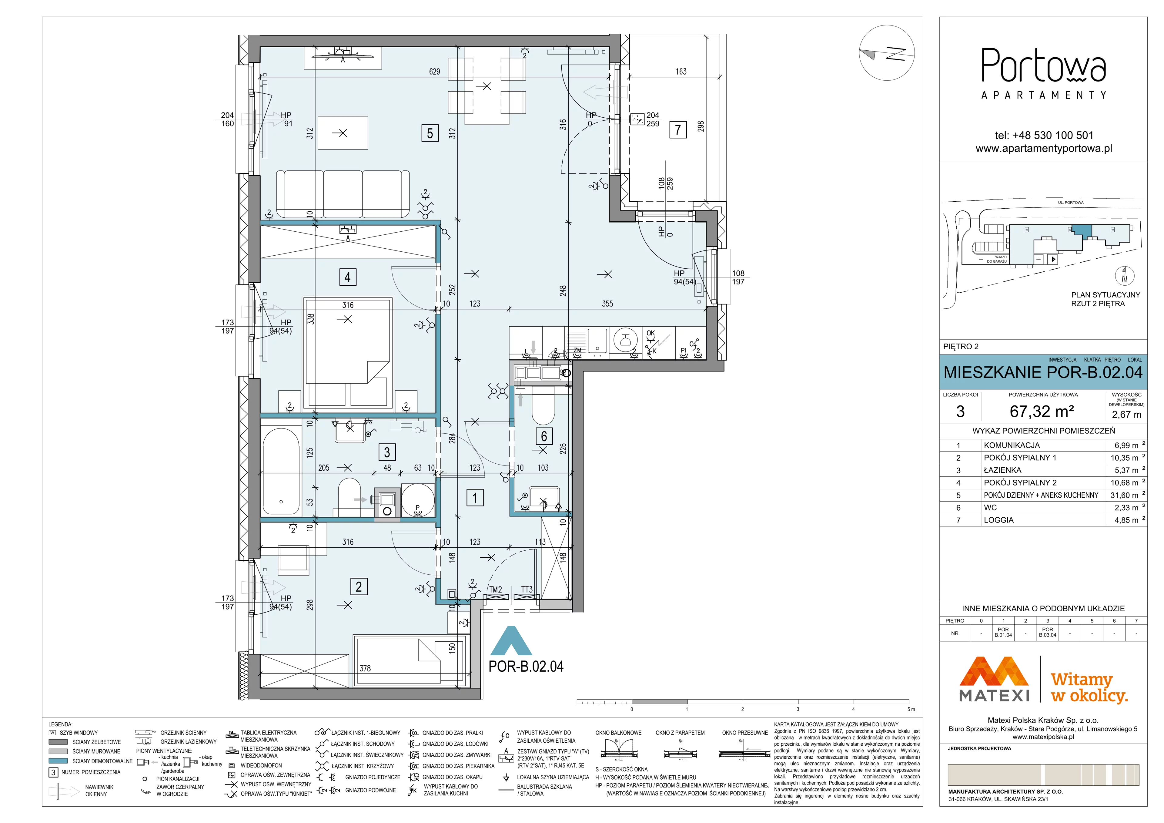 3 pokoje, mieszkanie 67,32 m², piętro 2, oferta nr 43/POR-B.02.04, Apartamenty Portowa, Kraków, Podgórze, Zabłocie, ul. Portowa 43