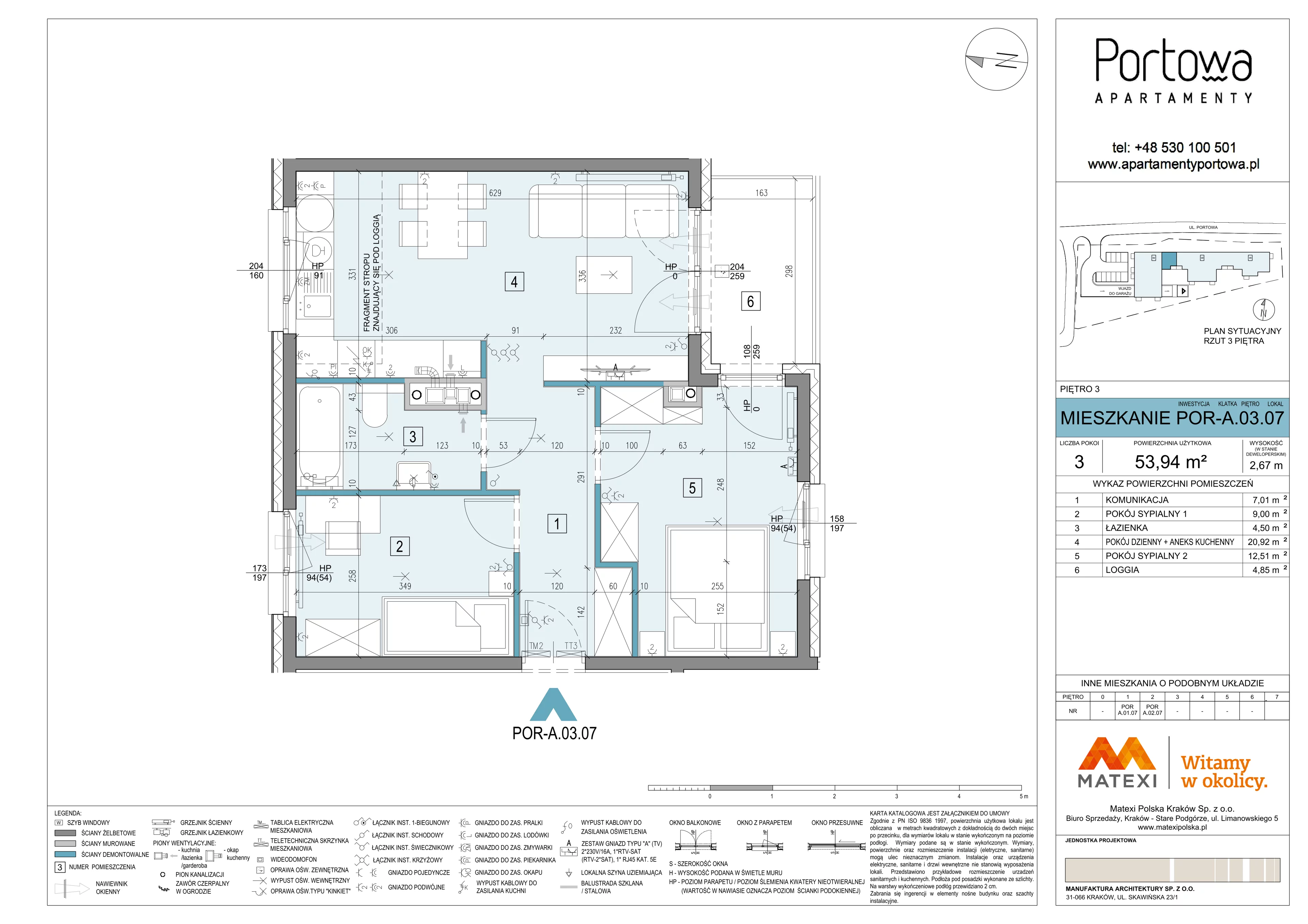 3 pokoje, mieszkanie 53,94 m², piętro 3, oferta nr 43/POR-A.03.07, Apartamenty Portowa, Kraków, Podgórze, Zabłocie, ul. Portowa 43