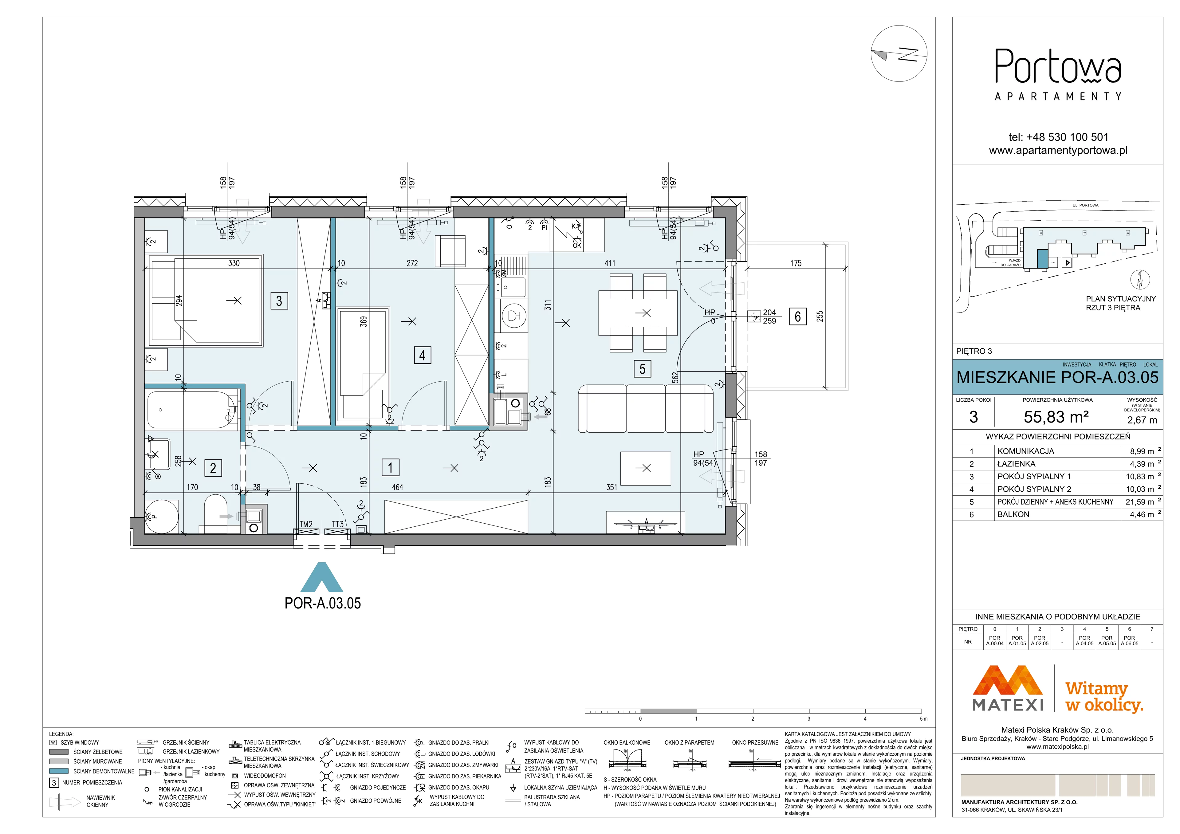 3 pokoje, mieszkanie 55,83 m², piętro 3, oferta nr 43/POR-A.03.05, Apartamenty Portowa, Kraków, Podgórze, Zabłocie, ul. Portowa 43