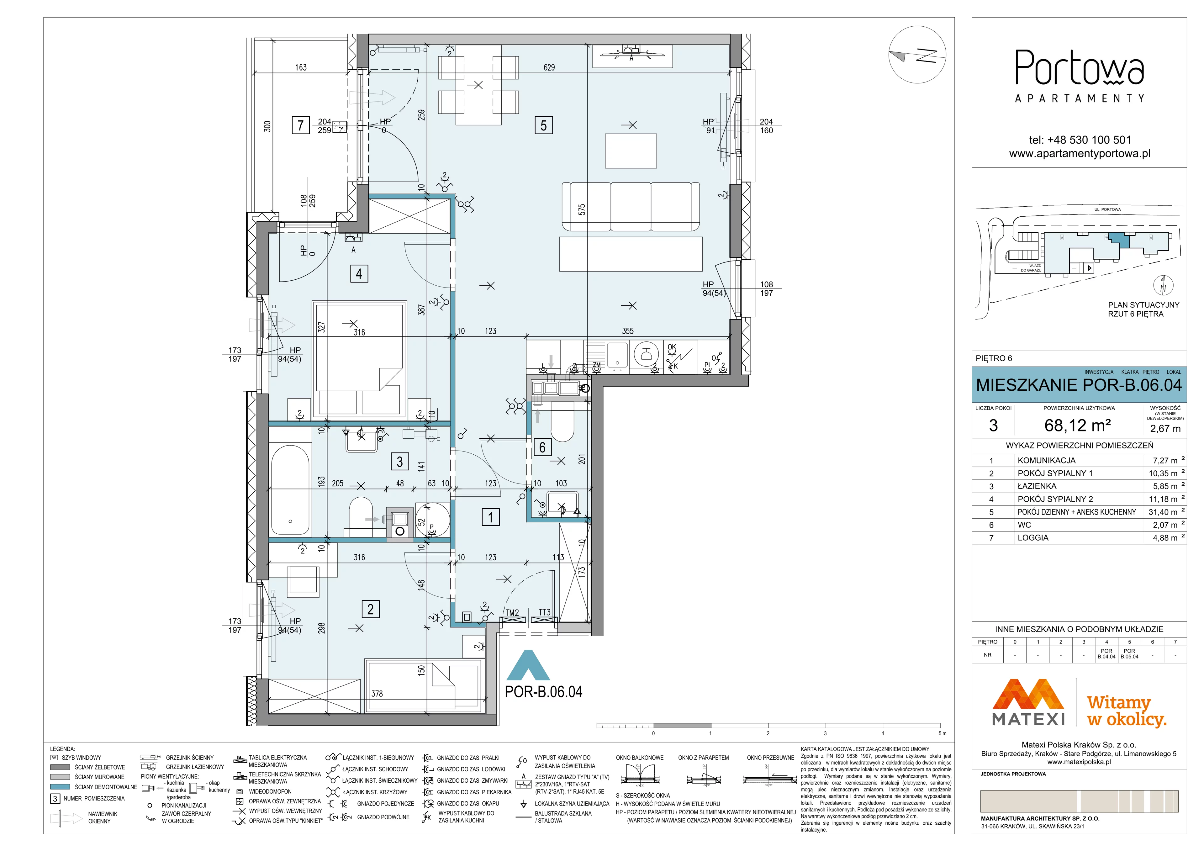 3 pokoje, mieszkanie 68,12 m², piętro 6, oferta nr 43/POR-B.06.04, Apartamenty Portowa, Kraków, Podgórze, Zabłocie, ul. Portowa 43