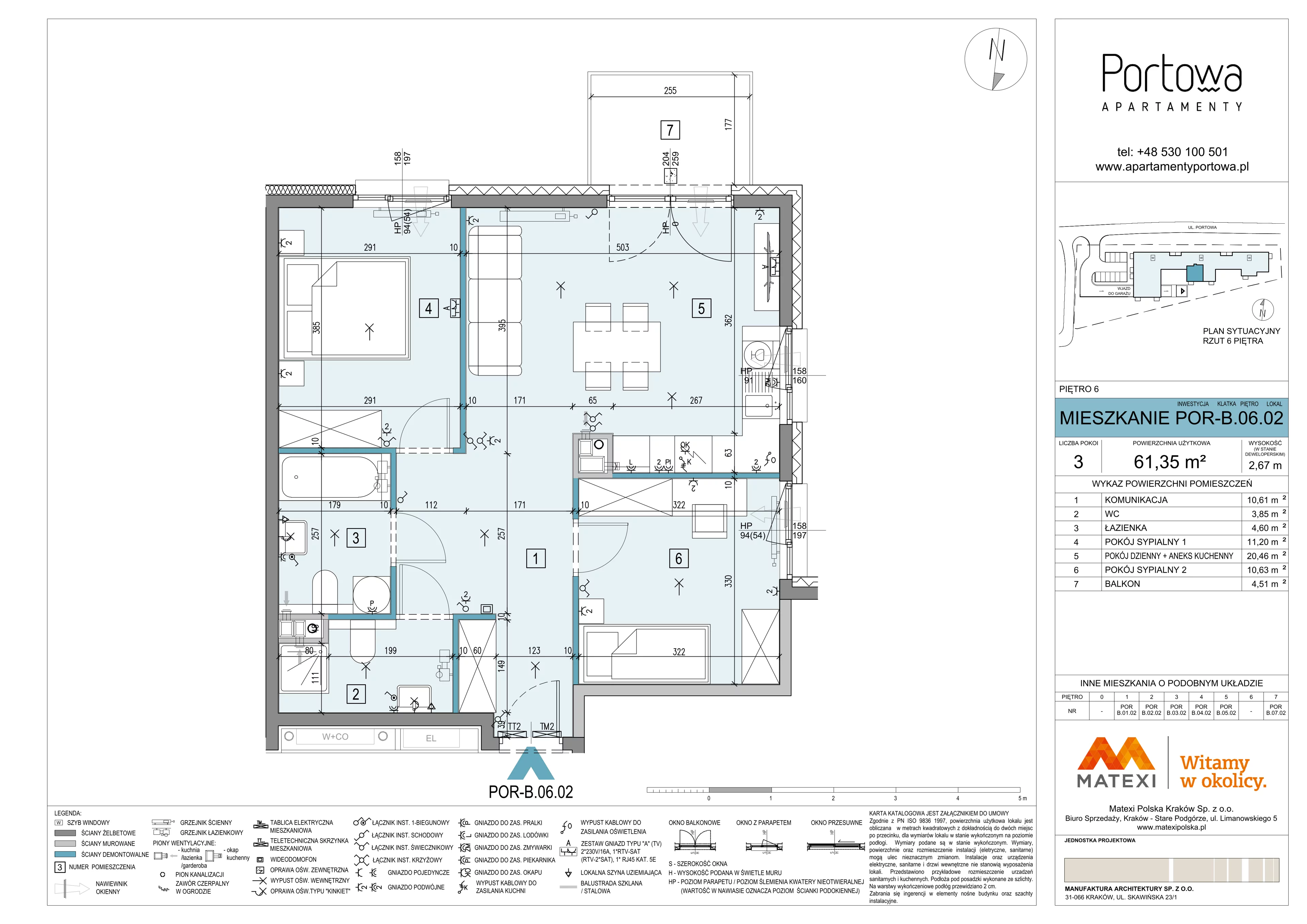 3 pokoje, mieszkanie 61,35 m², piętro 6, oferta nr 43/POR-B.06.02, Apartamenty Portowa, Kraków, Podgórze, Zabłocie, ul. Portowa 43