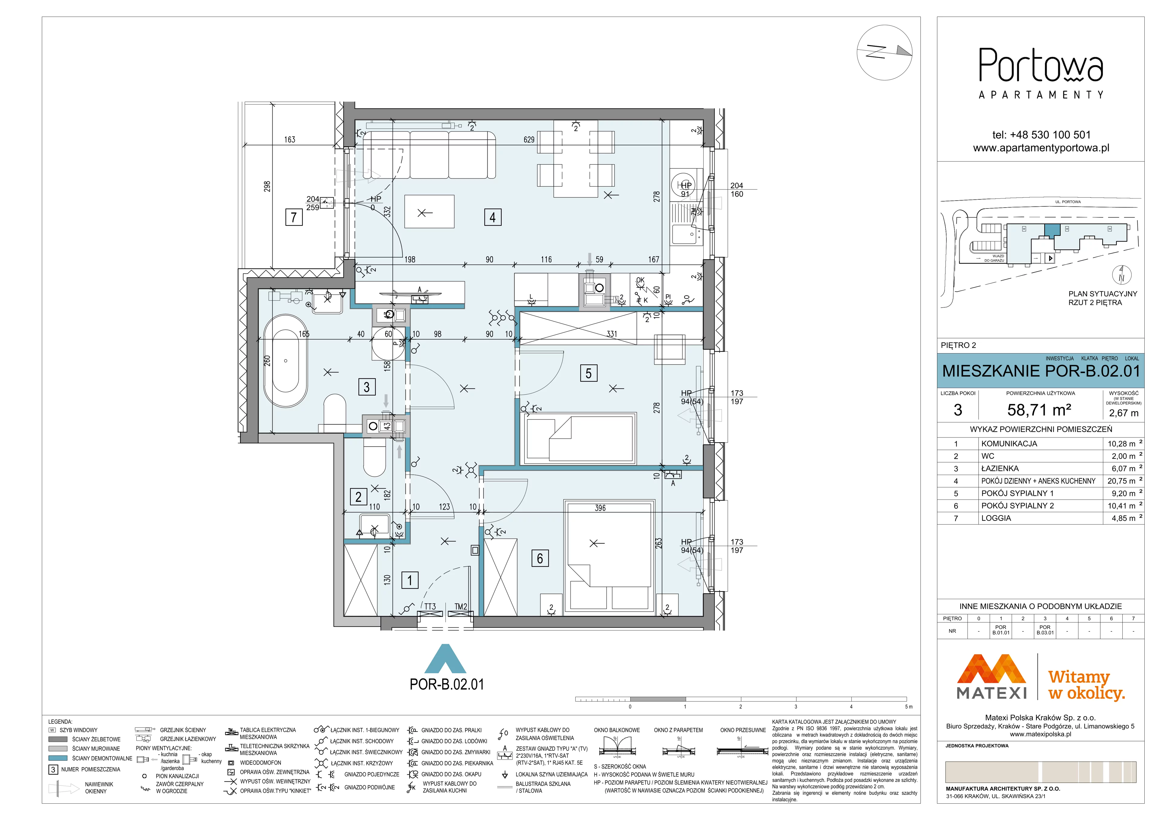 3 pokoje, mieszkanie 58,71 m², piętro 2, oferta nr 43/POR-B.02.01, Apartamenty Portowa, Kraków, Podgórze, Zabłocie, ul. Portowa 43