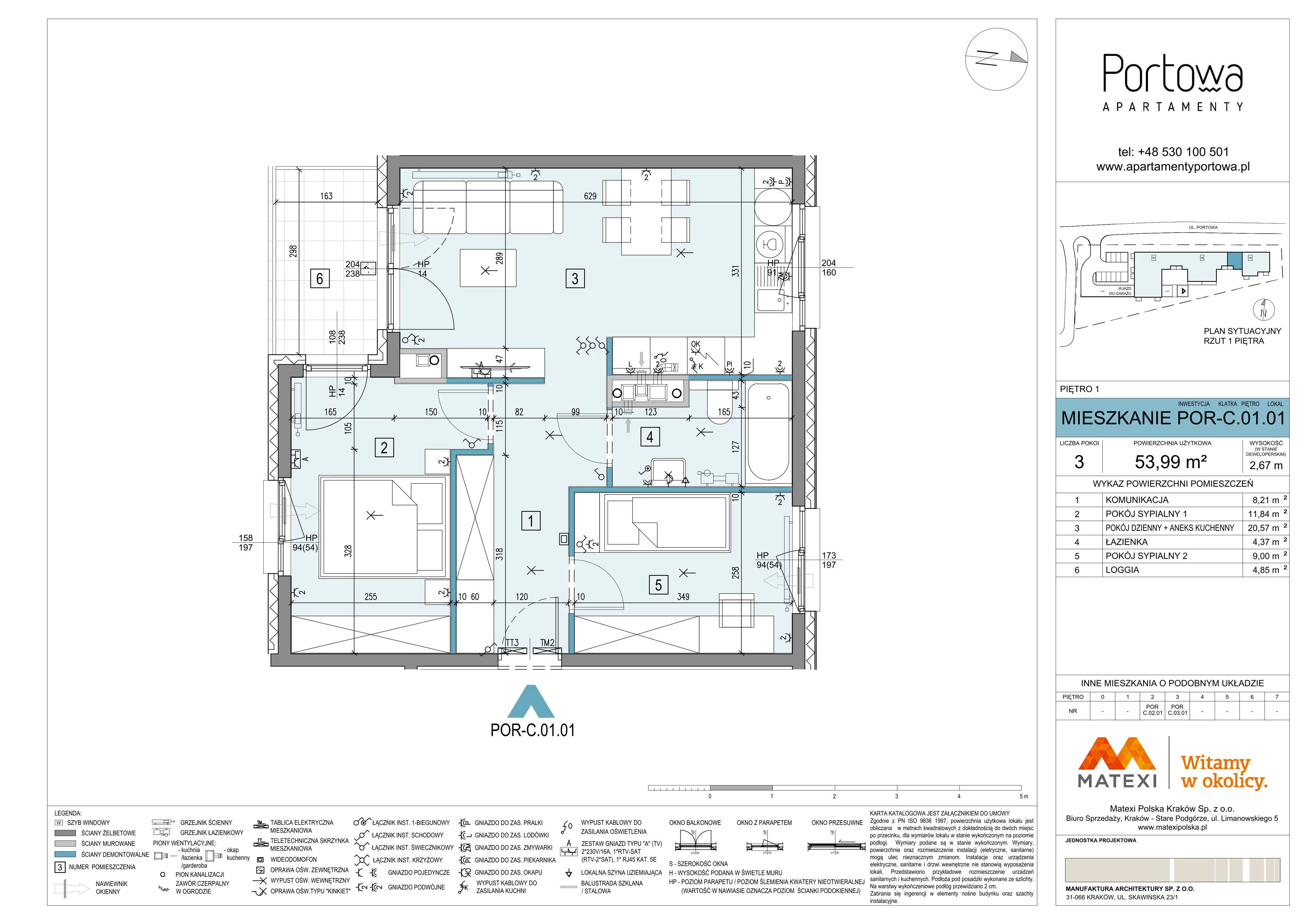 3 pokoje, mieszkanie 53,99 m², piętro 1, oferta nr 43/POR-C.01.01, Apartamenty Portowa, Kraków, Podgórze, Zabłocie, ul. Portowa 43