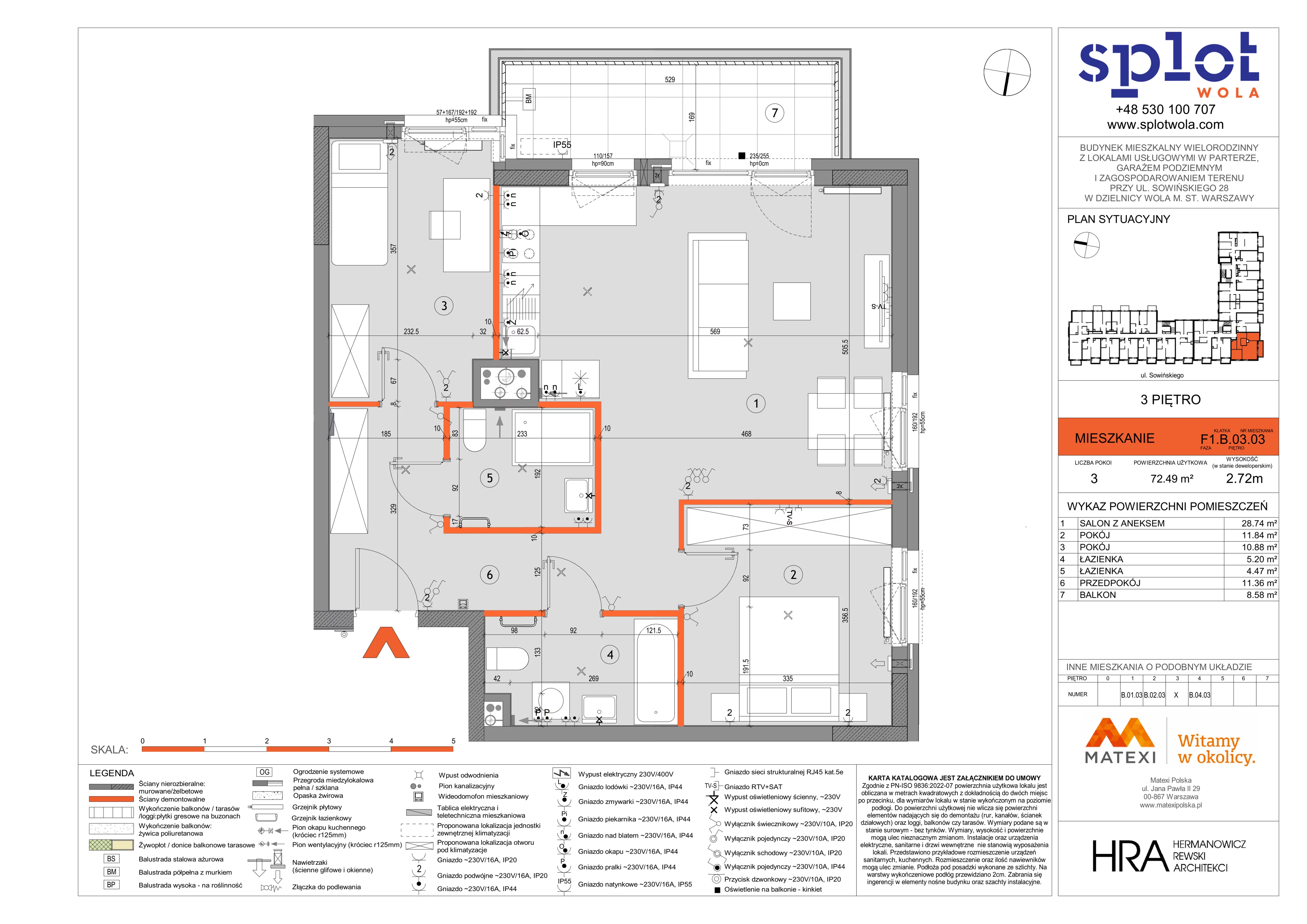 3 pokoje, mieszkanie 72,49 m², piętro 3, oferta nr 28/SOW-F1.B.03.03, Splot Wola, Warszawa, Wola, Odolany, ul. Sowińskiego 28