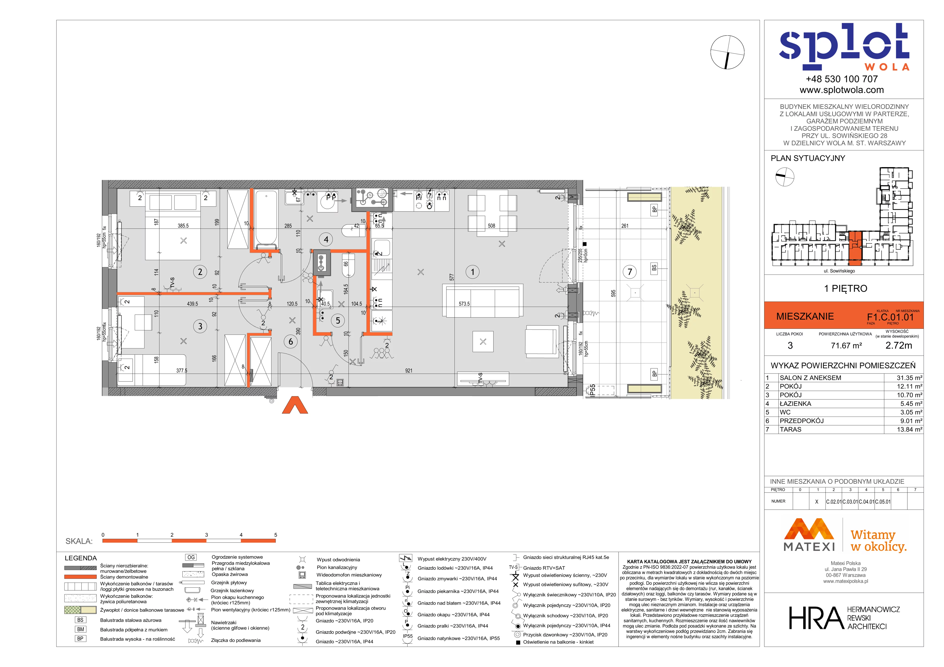 3 pokoje, mieszkanie 71,67 m², piętro 1, oferta nr 28/SOW-F1.C.01.01, Splot Wola, Warszawa, Wola, Odolany, ul. Sowińskiego 28