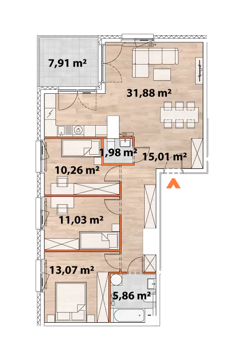 Mieszkanie 89,09 m², piętro 7, oferta nr 43/POR-A.07.01, Apartamenty Portowa, Kraków, Podgórze, Zabłocie, ul. Portowa 43-idx