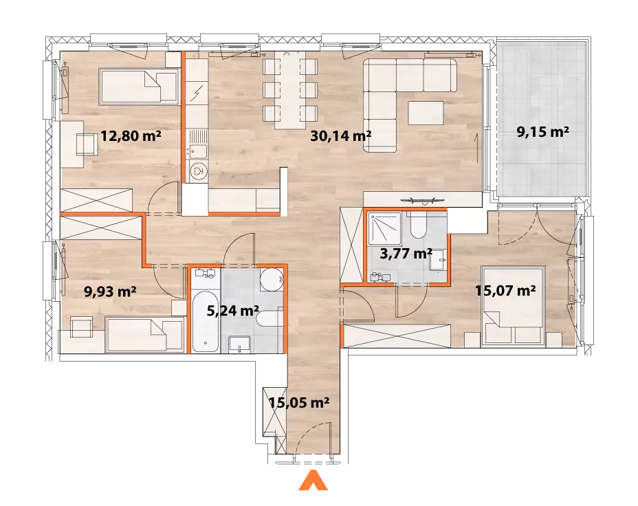 Mieszkanie 92,00 m², piętro 7, oferta nr 43/POR-A.07.02, Apartamenty Portowa, Kraków, Podgórze, Zabłocie, ul. Portowa 43