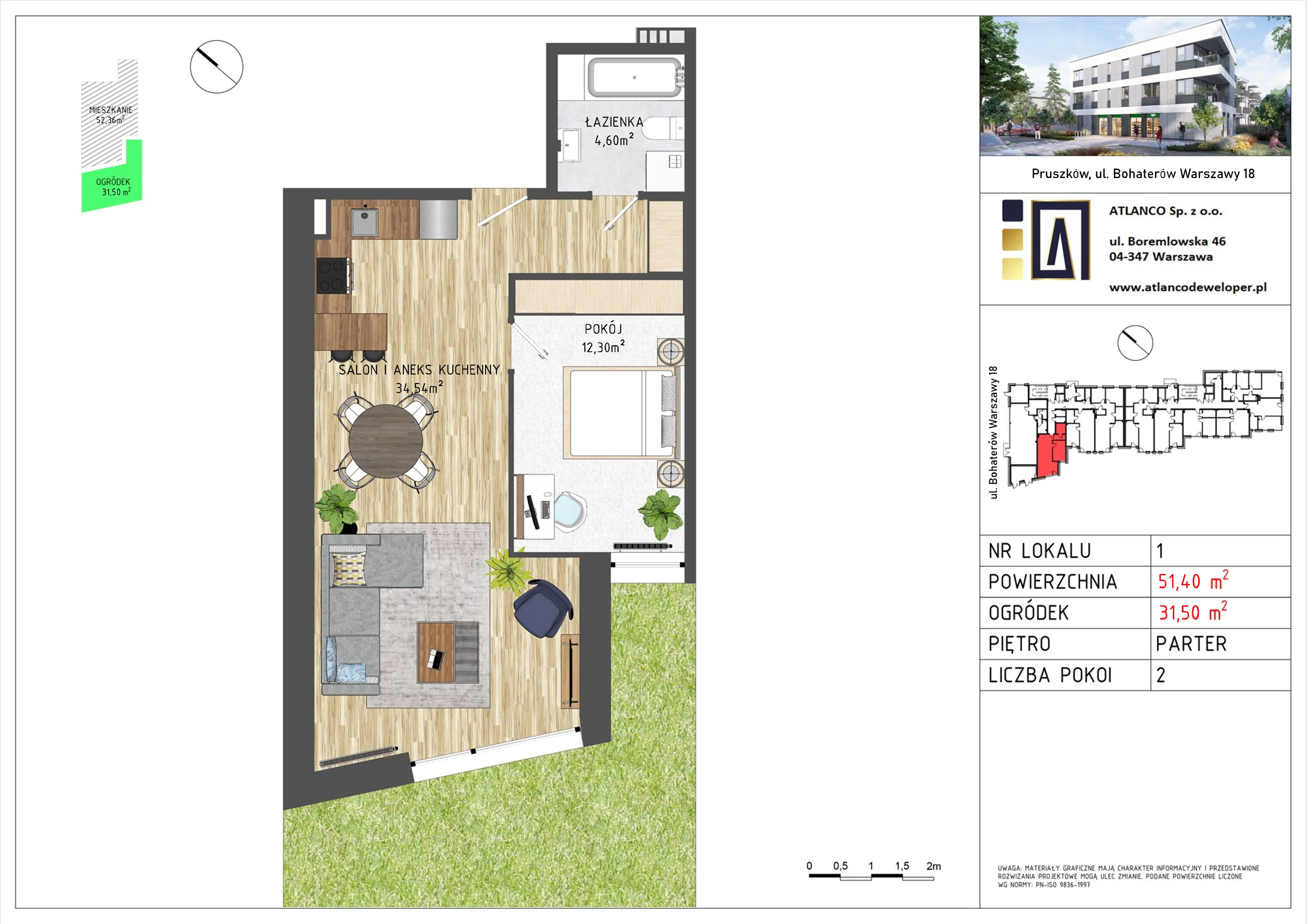 2 pokoje, mieszkanie 51,40 m², parter, oferta nr 1, Bohaterów Warszawy 18 , Pruszków, Tworki, Centrum, ul. Bohaterów Warszawy 18