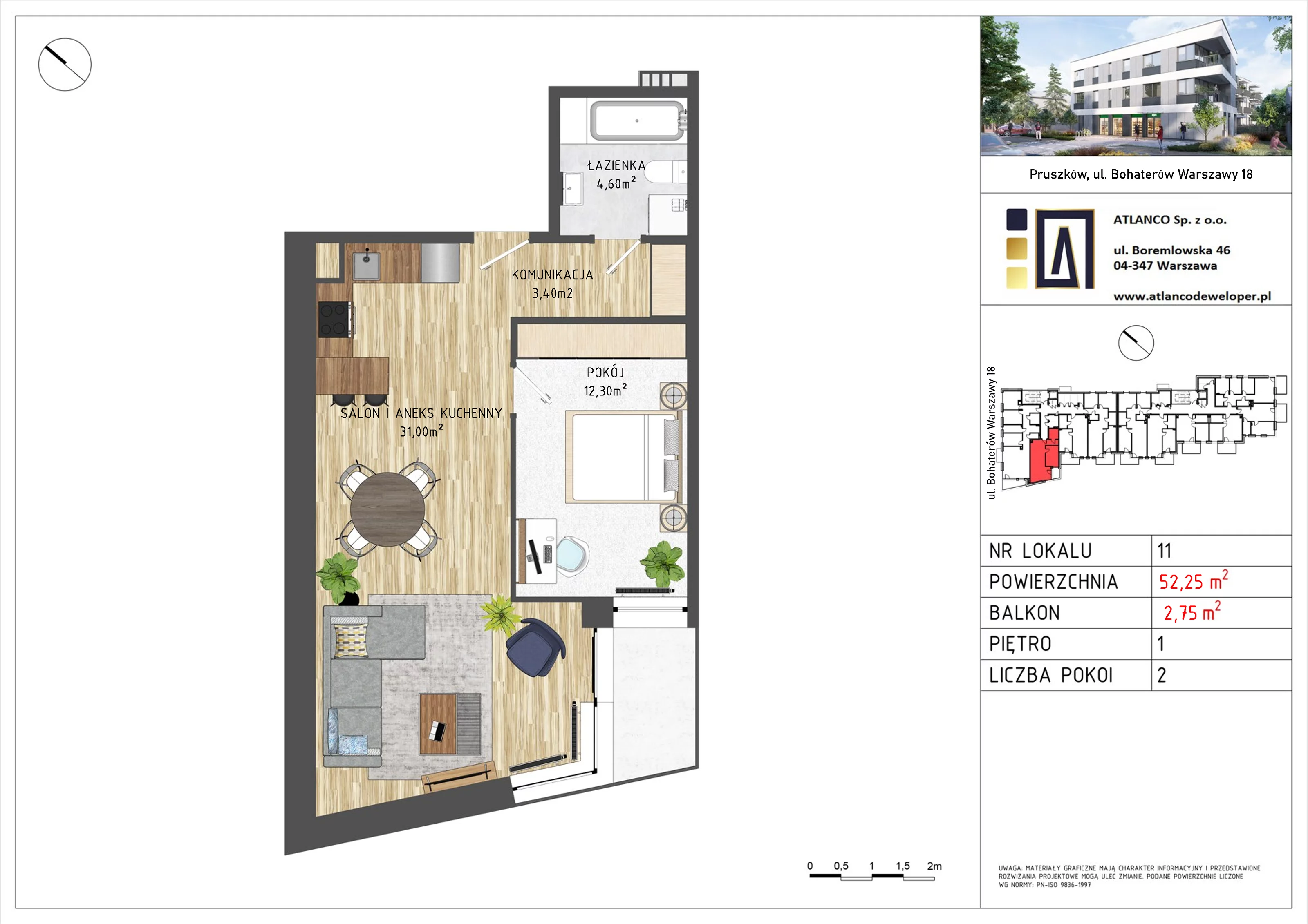 2 pokoje, mieszkanie 51,30 m², piętro 1, oferta nr 11, Bohaterów Warszawy 18 , Pruszków, Tworki, Centrum, ul. Bohaterów Warszawy 18
