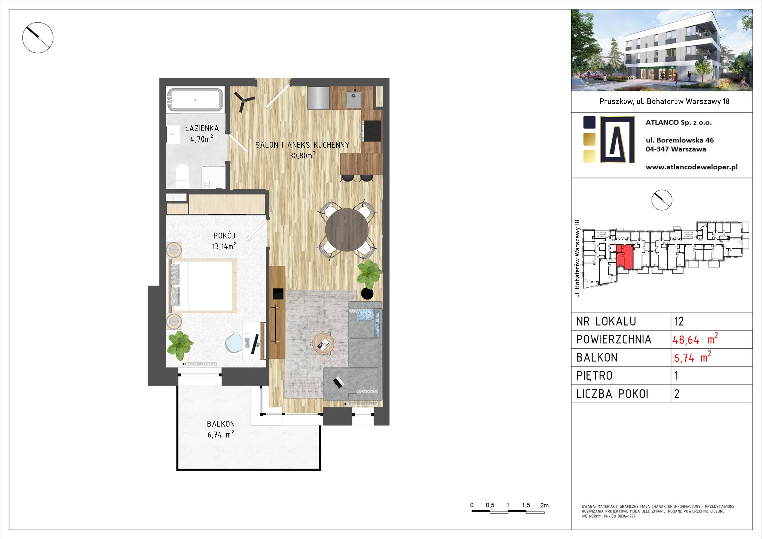 2 pokoje, mieszkanie 48,64 m², piętro 1, oferta nr 12, Bohaterów Warszawy 18 , Pruszków, Tworki, Centrum, ul. Bohaterów Warszawy 18