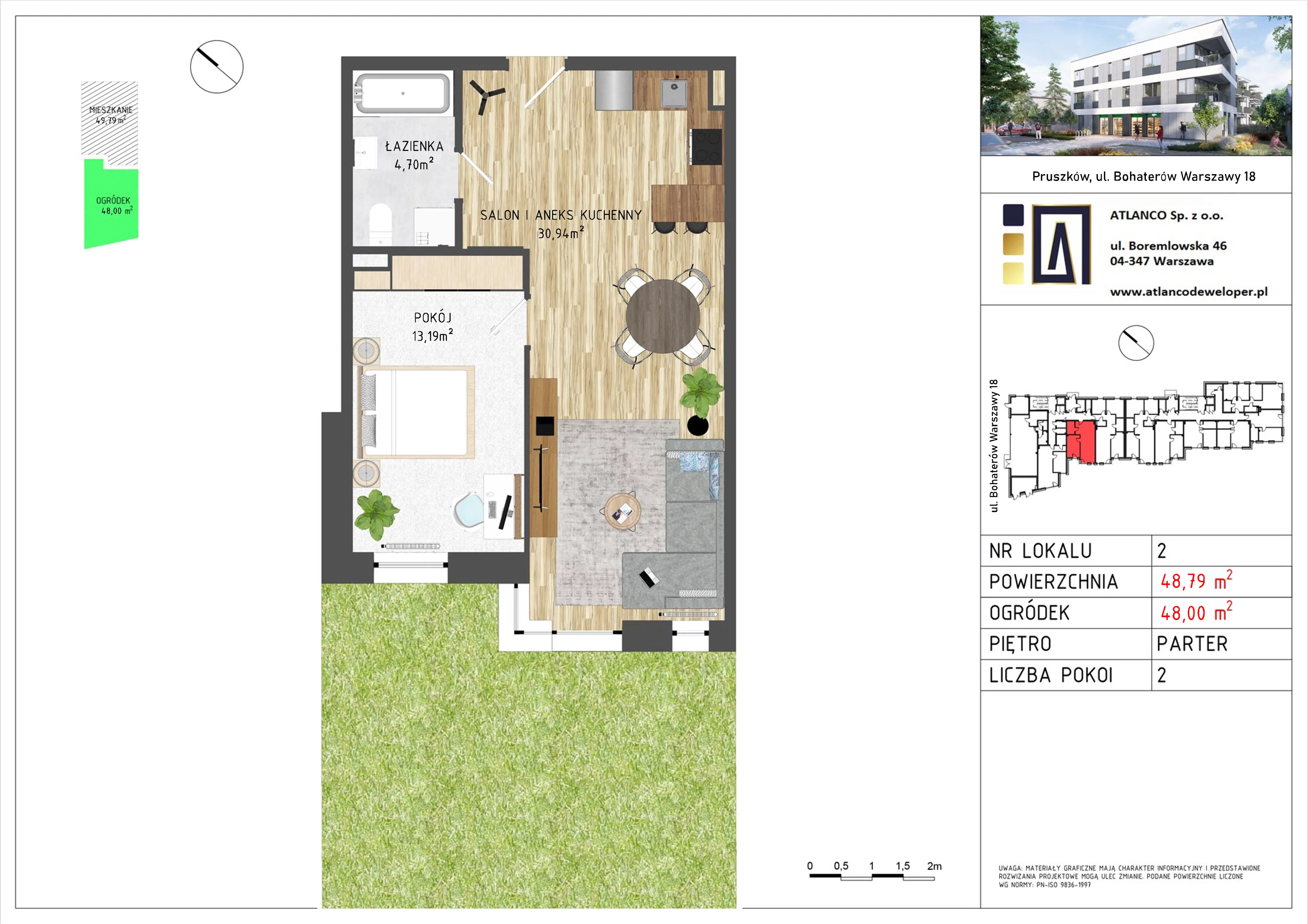 2 pokoje, mieszkanie 48,64 m², piętro 1, oferta nr 12, Bohaterów Warszawy 18 , Pruszków, Tworki, Centrum, ul. Bohaterów Warszawy 18
