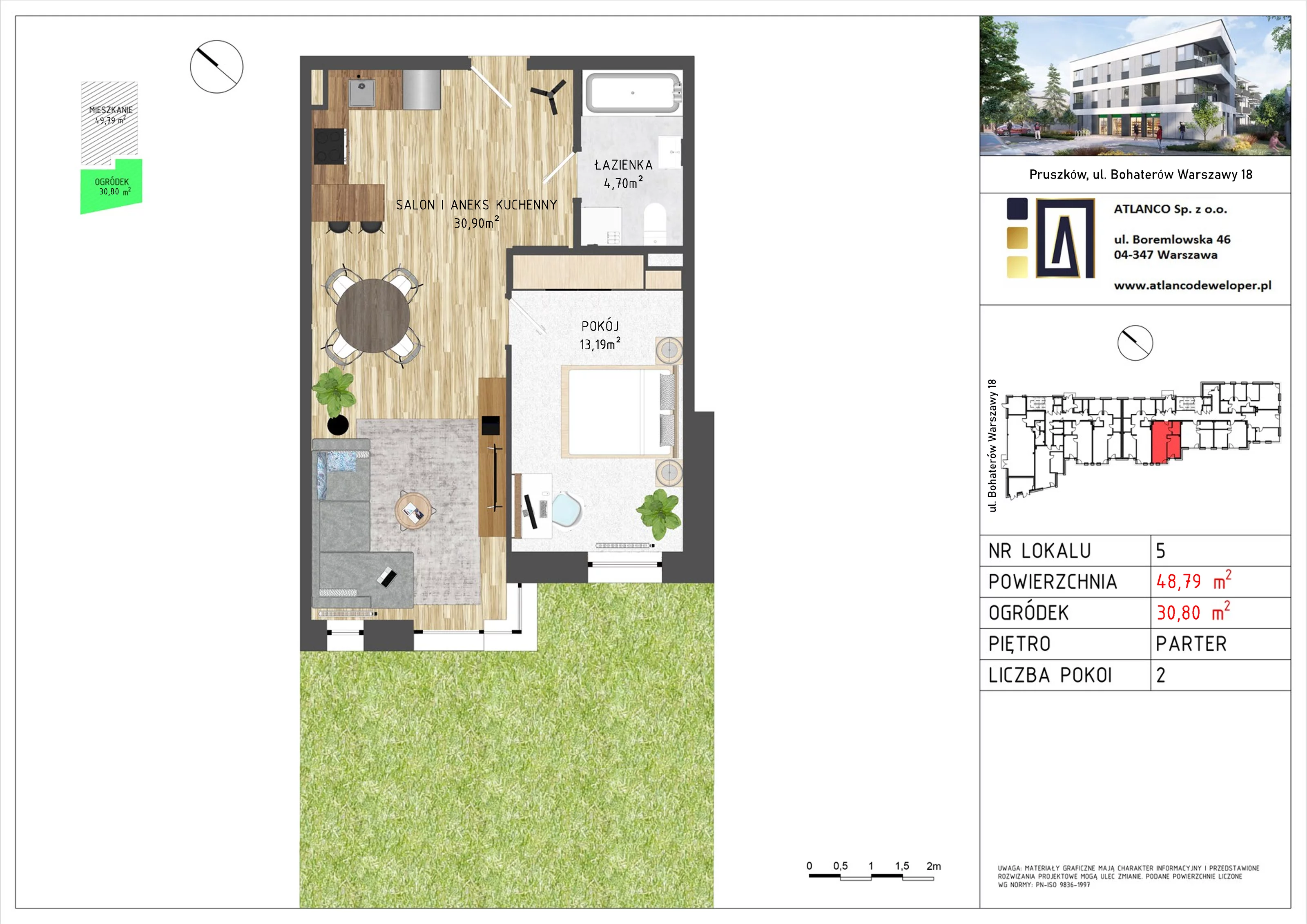 2 pokoje, mieszkanie 48,79 m², parter, oferta nr 5, Bohaterów Warszawy 18 , Pruszków, Tworki, Centrum, ul. Bohaterów Warszawy 18