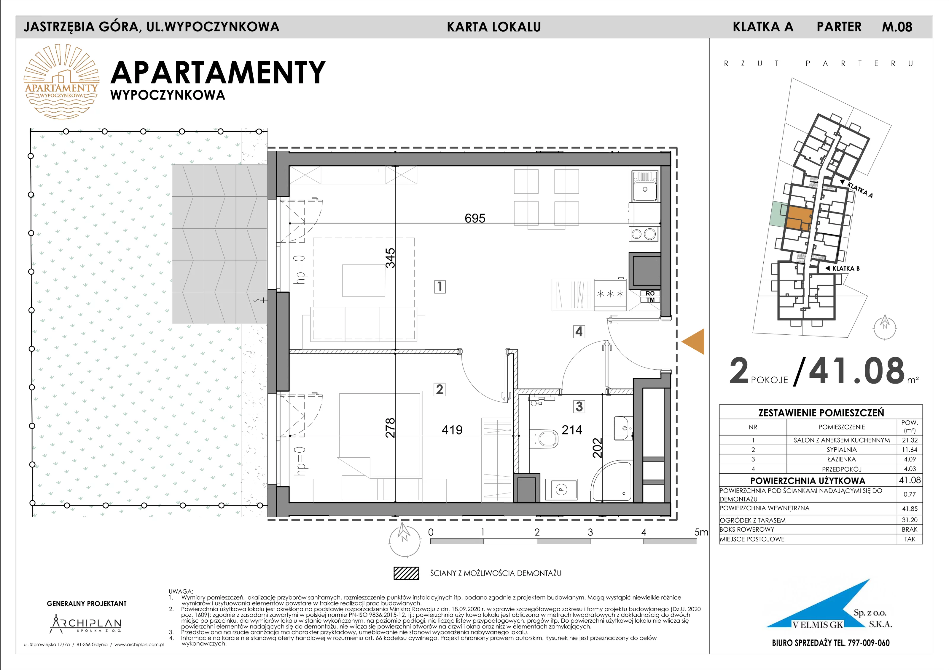 2 pokoje, apartament 41,08 m², parter, oferta nr 0.8 , Apartamenty Wypoczynkowa, Jastrzębia Góra, ul. Wypoczynkowa