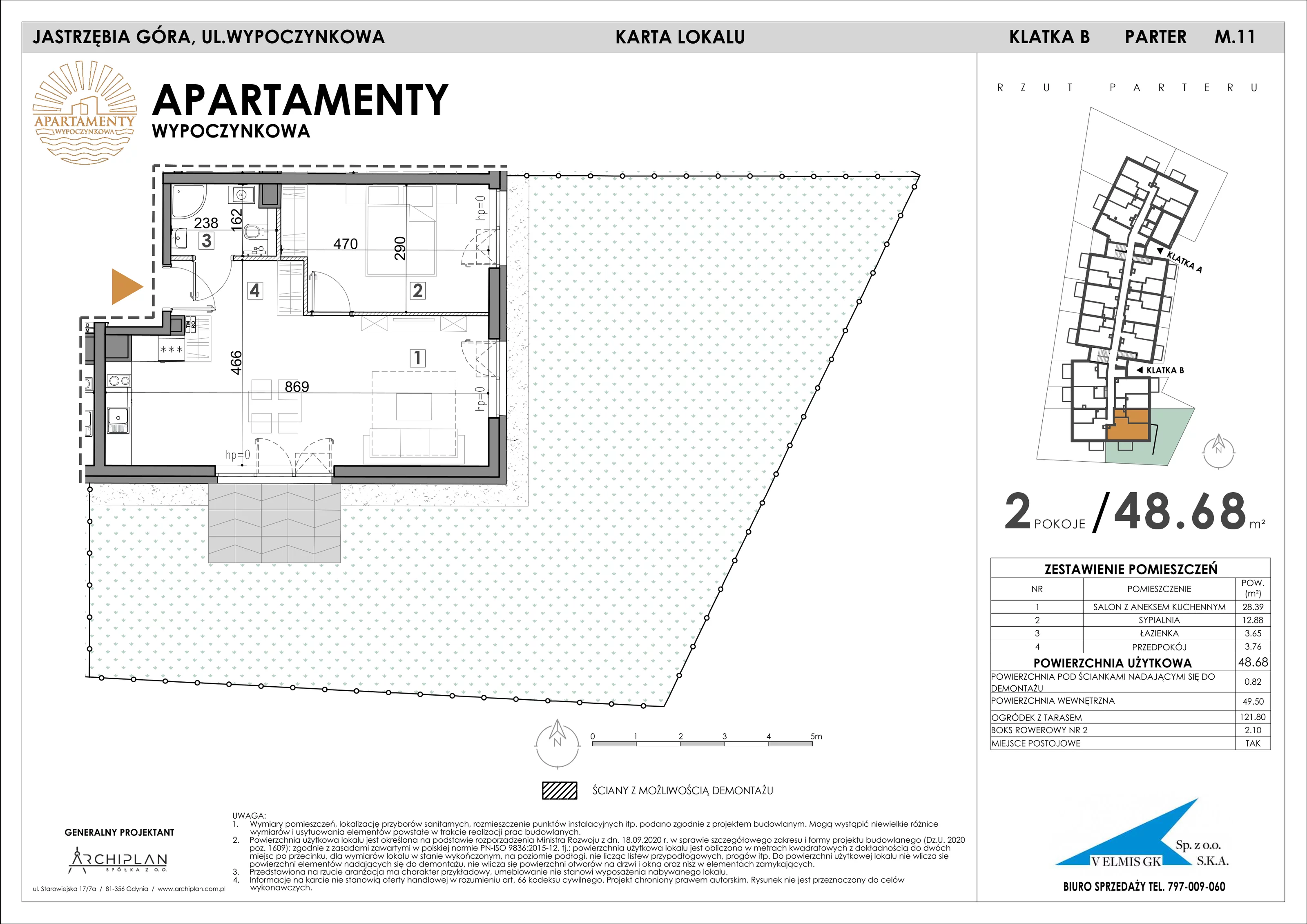 2 pokoje, apartament 48,68 m², parter, oferta nr 0.11 + boks rowerowy, Apartamenty Wypoczynkowa, Jastrzębia Góra, ul. Wypoczynkowa