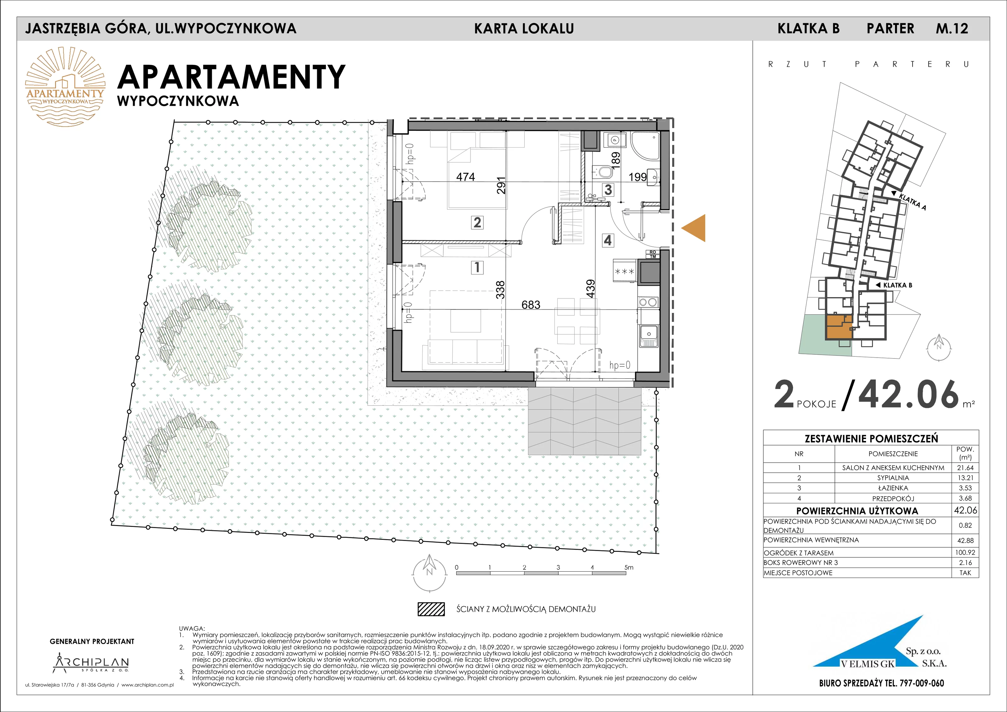 2 pokoje, apartament 42,06 m², parter, oferta nr 0.12 + boks rowerowy, Apartamenty Wypoczynkowa, Jastrzębia Góra, ul. Wypoczynkowa