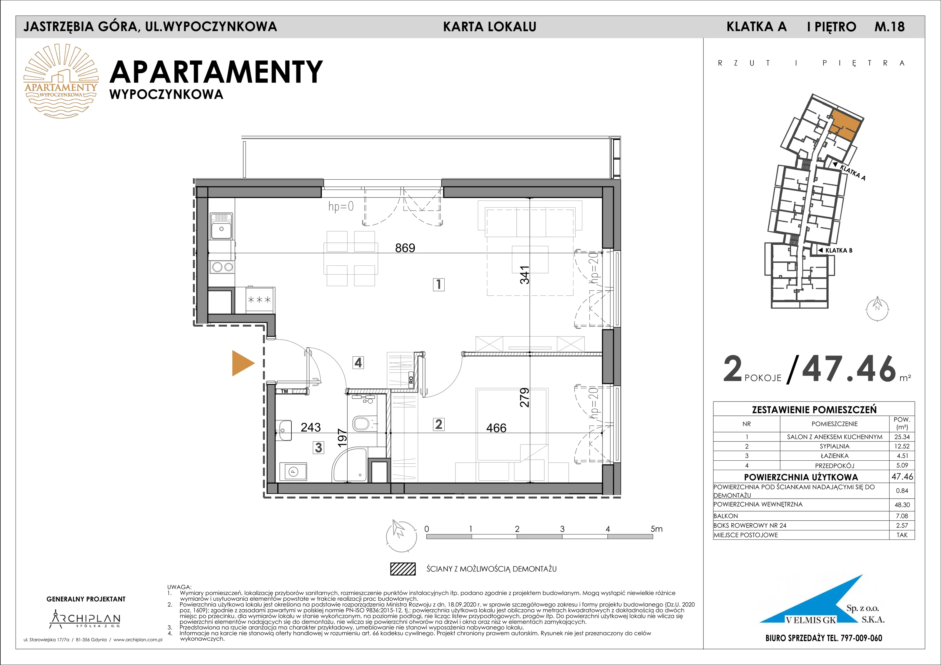 2 pokoje, apartament 47,46 m², piętro 1, oferta nr 1.18 + boks rowerowy, Apartamenty Wypoczynkowa, Jastrzębia Góra, ul. Wypoczynkowa