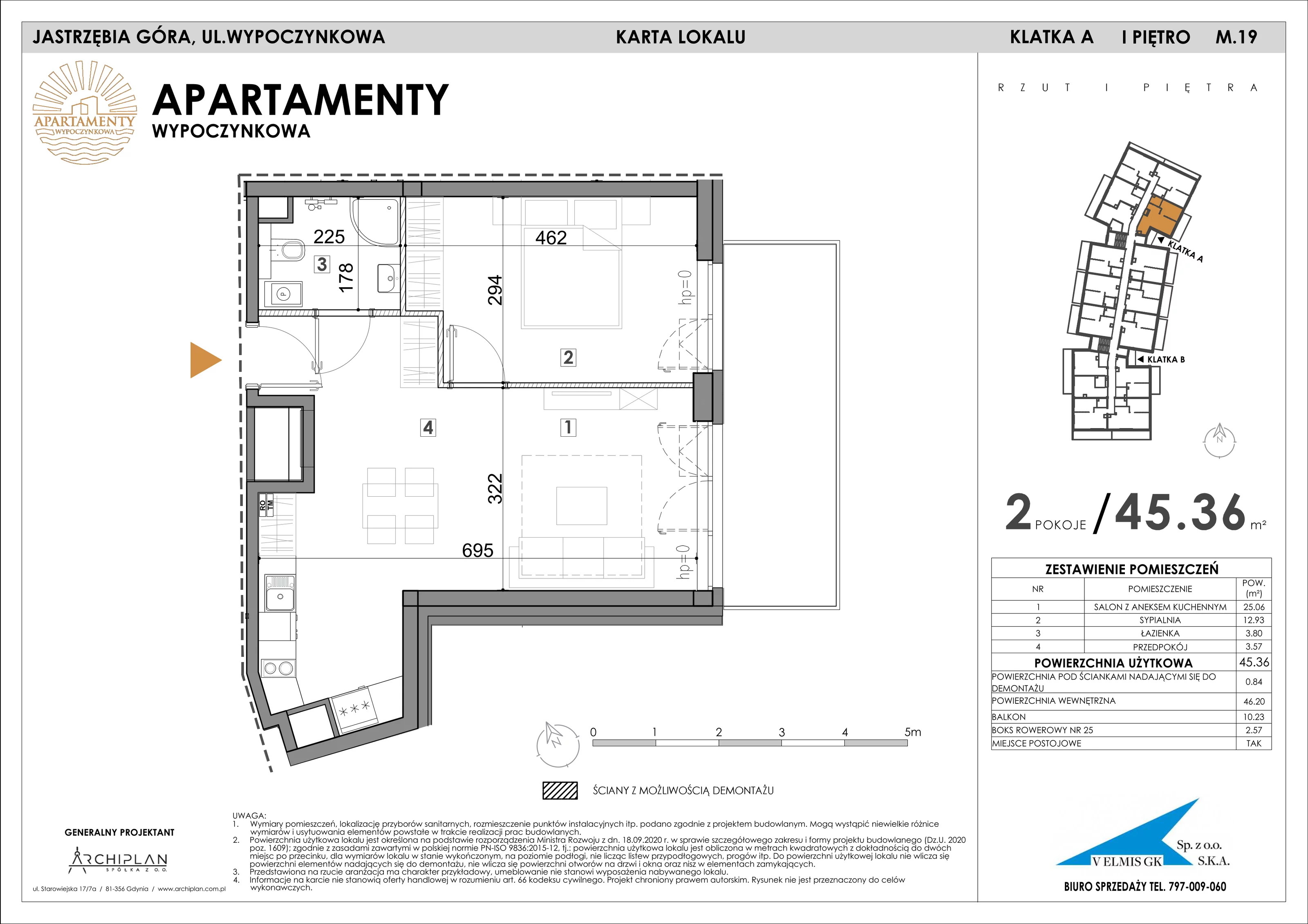 2 pokoje, apartament 45,36 m², piętro 1, oferta nr 1.19 + boks rowerowy, Apartamenty Wypoczynkowa, Jastrzębia Góra, ul. Wypoczynkowa