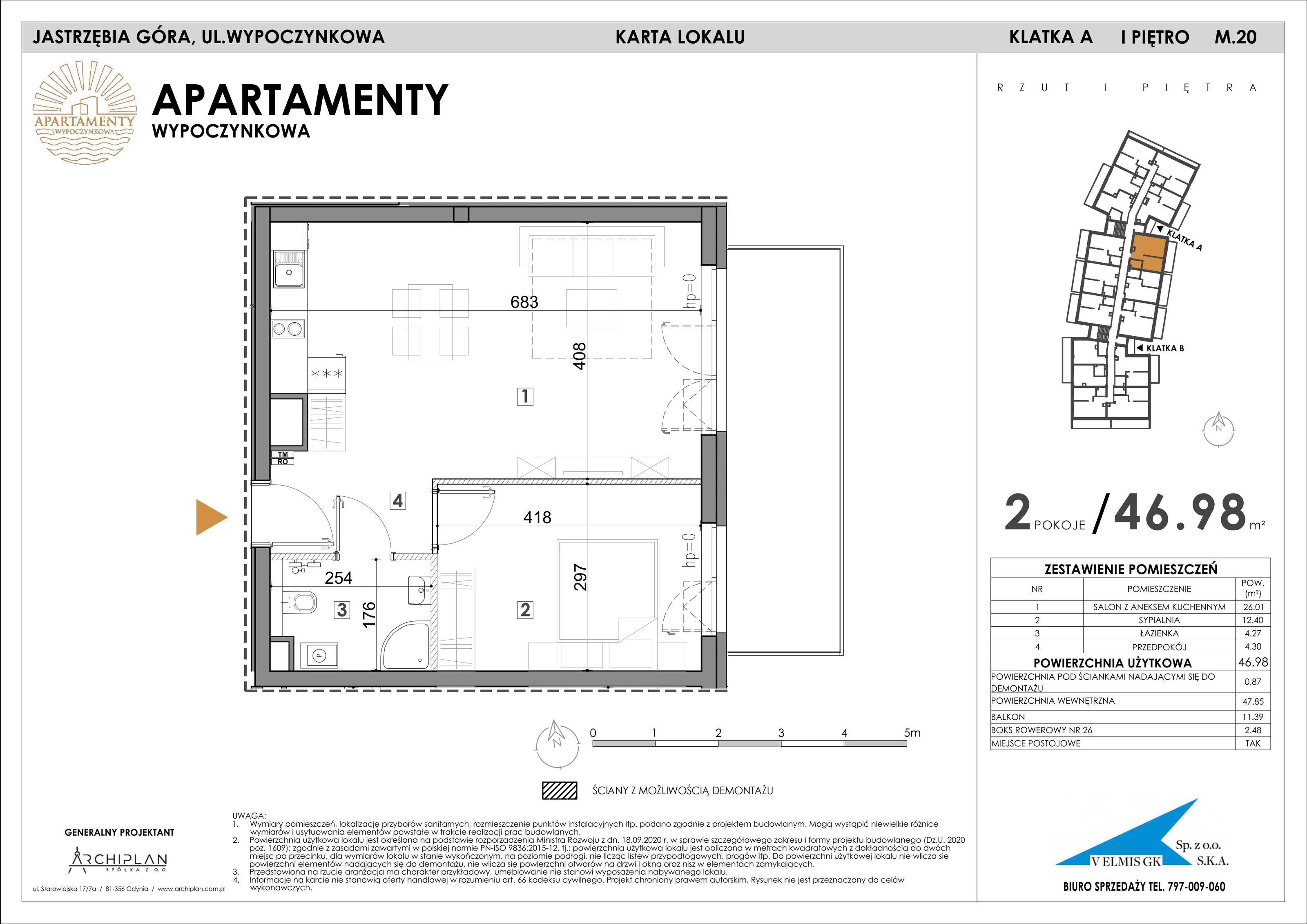2 pokoje, apartament 46,98 m², piętro 1, oferta nr 1.20 + boks rowerowy, Apartamenty Wypoczynkowa, Jastrzębia Góra, ul. Wypoczynkowa